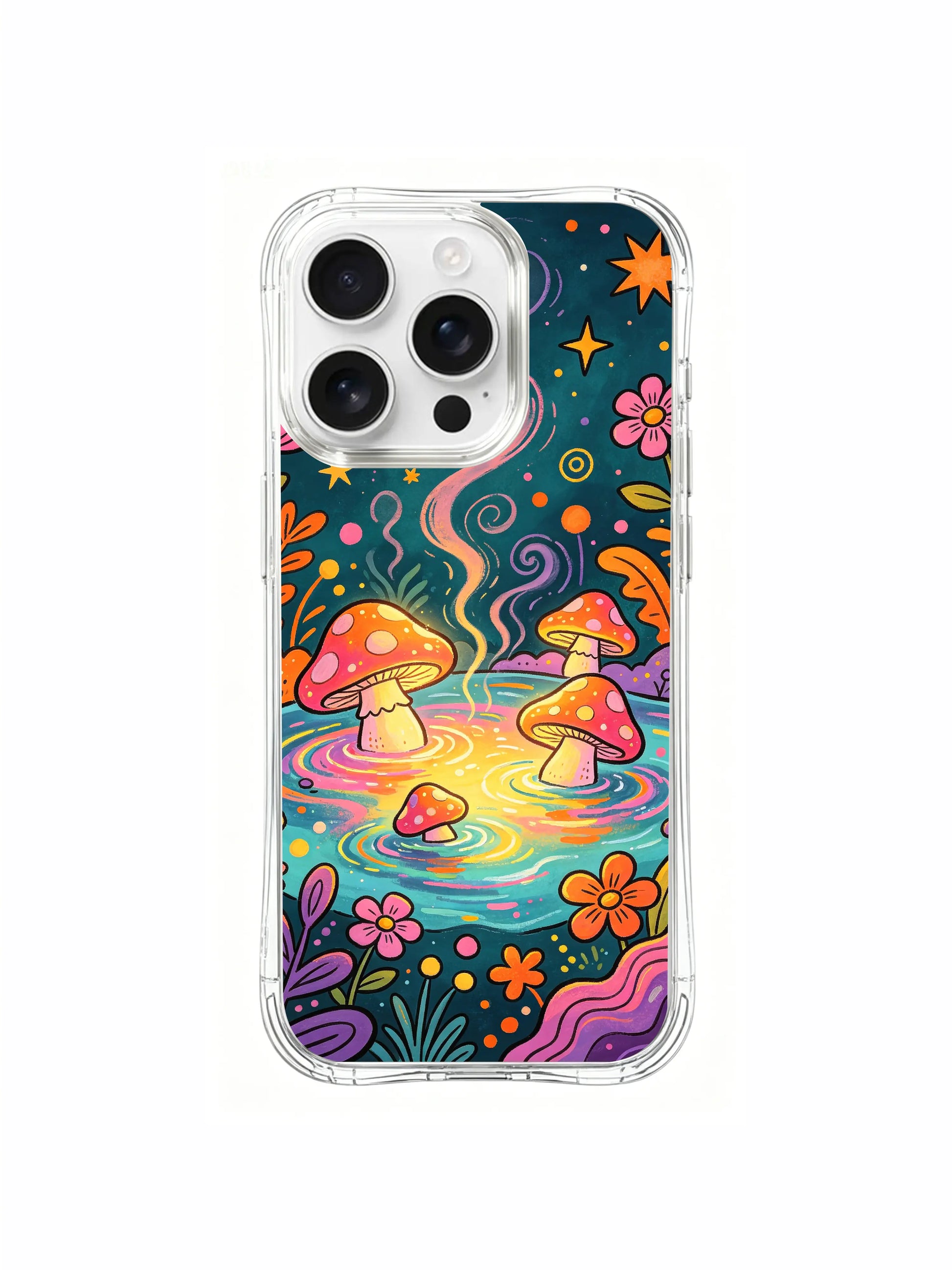 PhoneCasing iPhone 16 pro max Case, dreamy hippie folk casing with fluffy flower clusters tucked underneath mushroom caps, star-flecked dark teal night filled with floating curling mist, scratch-proof limited collab iPhone 16 pro max casing.