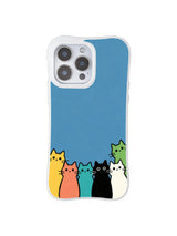PhoneCasing iPhone 16 Pro Max showcasing Blue Background Kitten Lineup, simple colorful cats queuing against a solid blue surface.