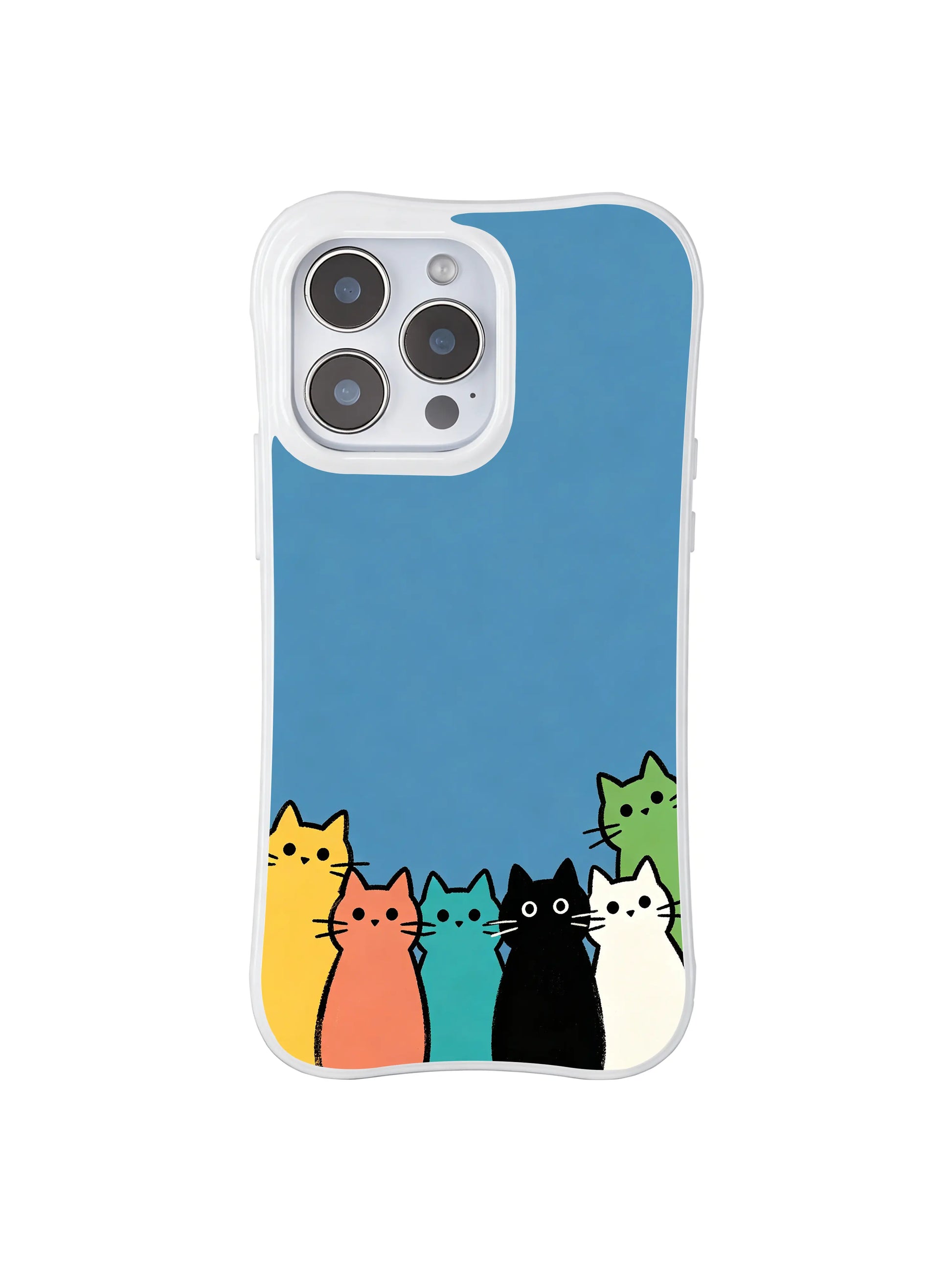 PhoneCasing iPhone 16 Pro Max showcasing Blue Background Kitten Lineup, simple colorful cats queuing against a solid blue surface.