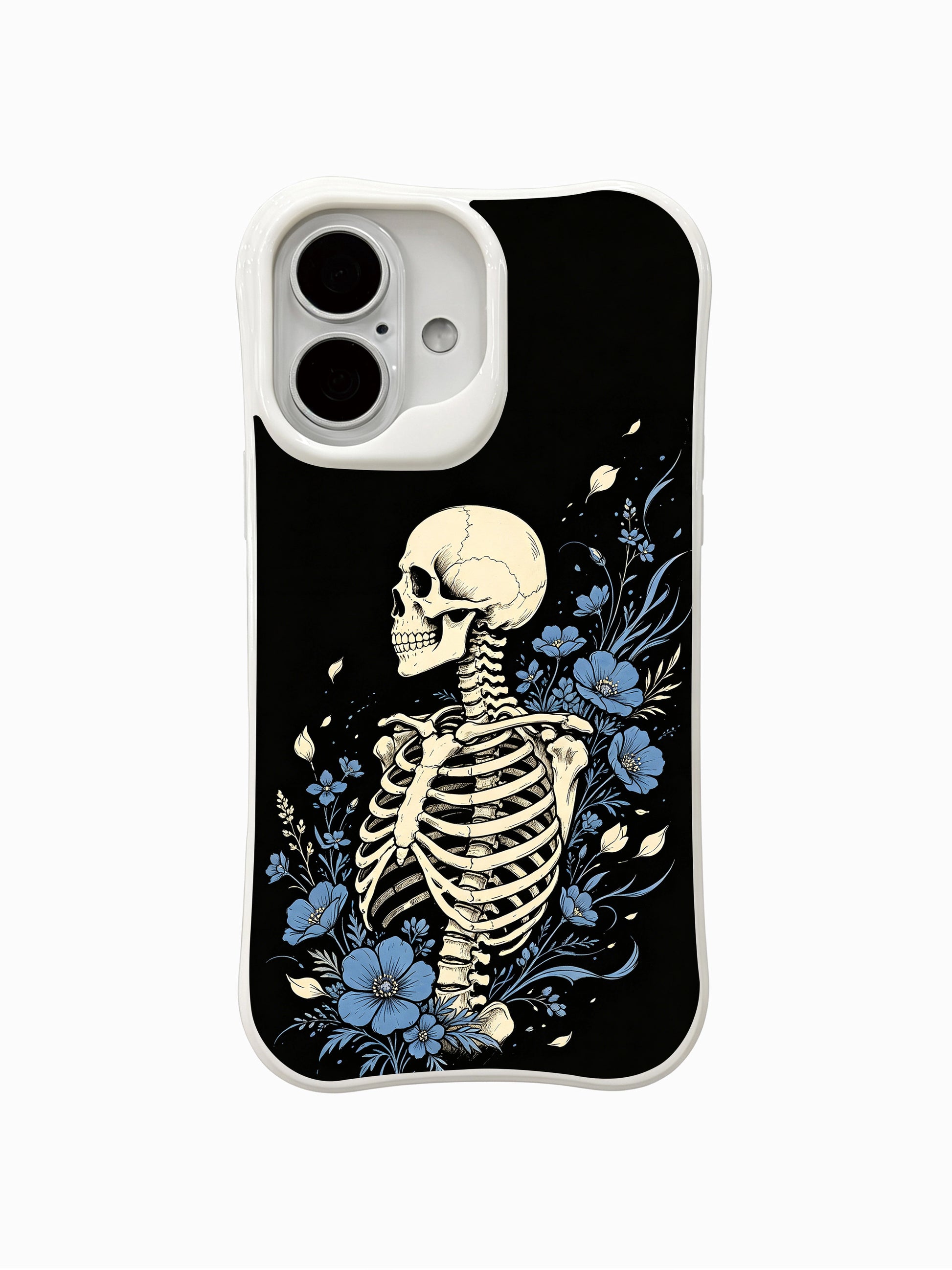 PhoneCasing Blue Bloom Night Voyage fine art iPhone 16 Case, original Morrigan Vale traditional old-school goth tattoo artwork with side-profile skeleton surrounded by flowing ocean-blue wildflowers and drifting petals against distressed solid black backdrop, scratch resistant glossy casing crafted in California