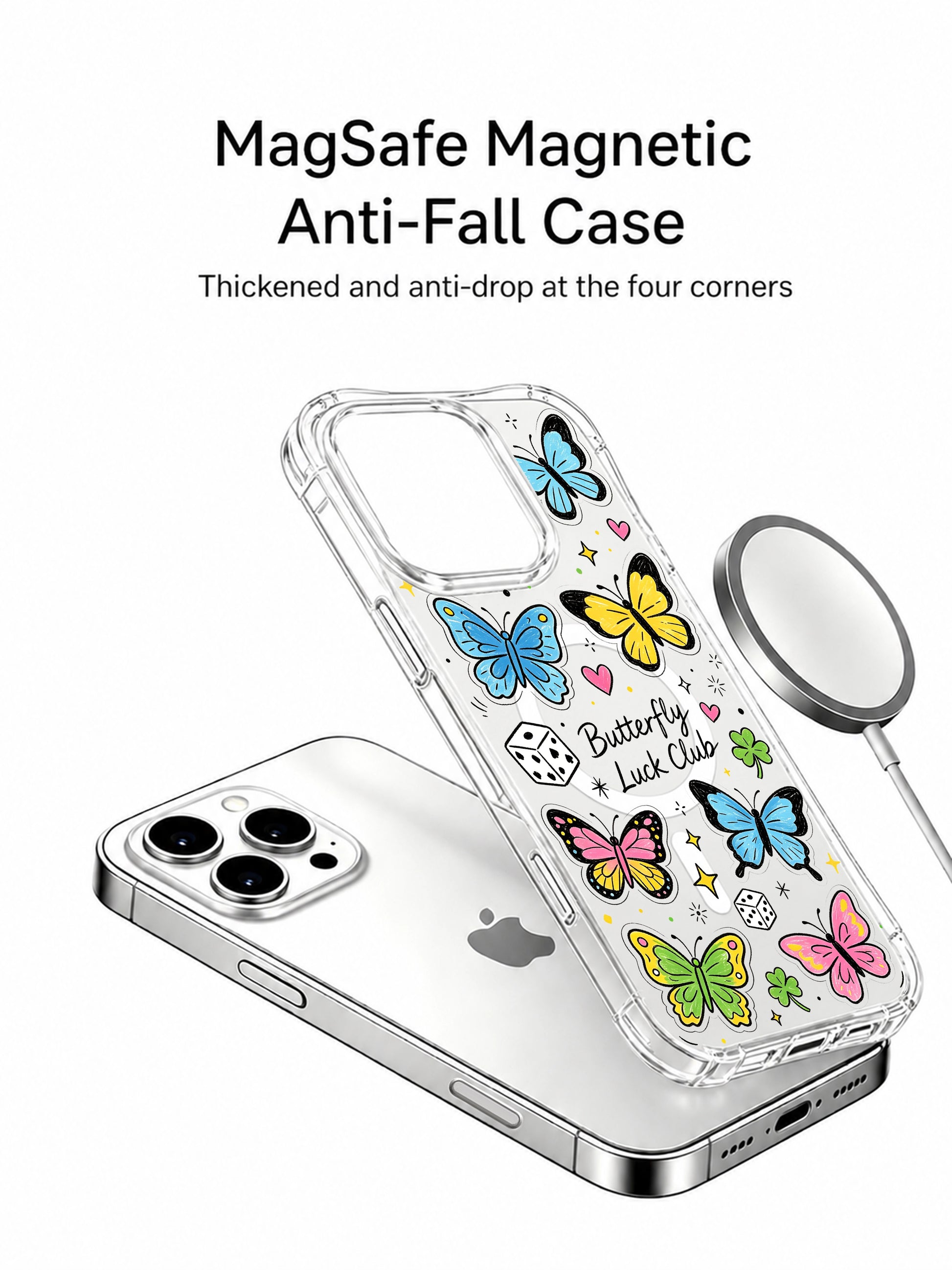 PhoneCasing iPhone 16 pro max slim ergonomic case with blue butterflies, dice, ace of hearts cards and clover motifs in a whimsical lucky club style.