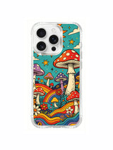 Blue mushroom and rainbow waves artwork on an iPhone 16 Pro Max case