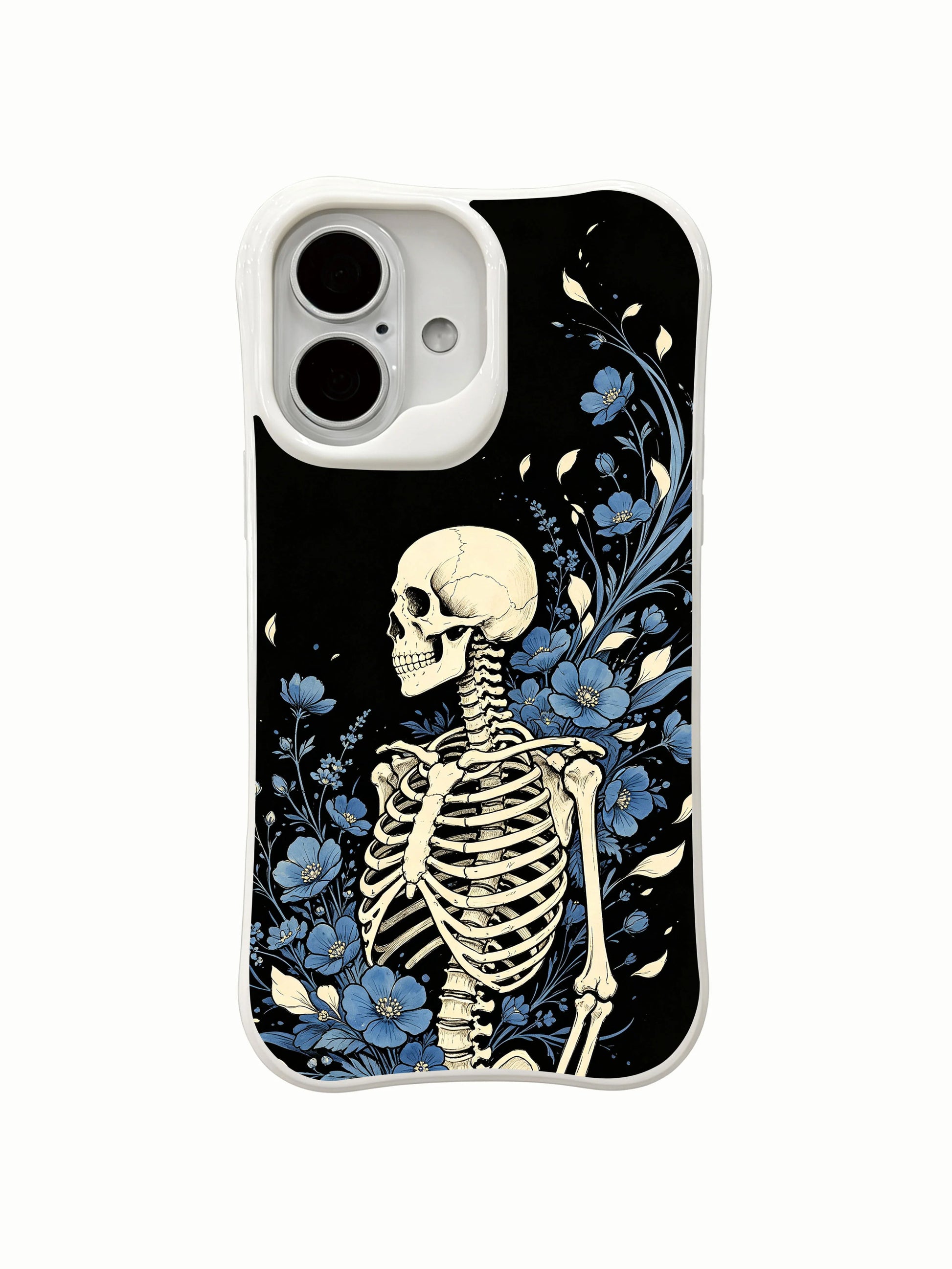PhoneCasing Blue Flower Night Voyage fine art iPhone 16 Case, original Morrigan Vale old-school goth tattoo artwork featuring side-profile skeleton wrapped in wind-swept sky-blue wildflowers and floating petals on vintage black background, scratch resistant glossy casing manufactured in California