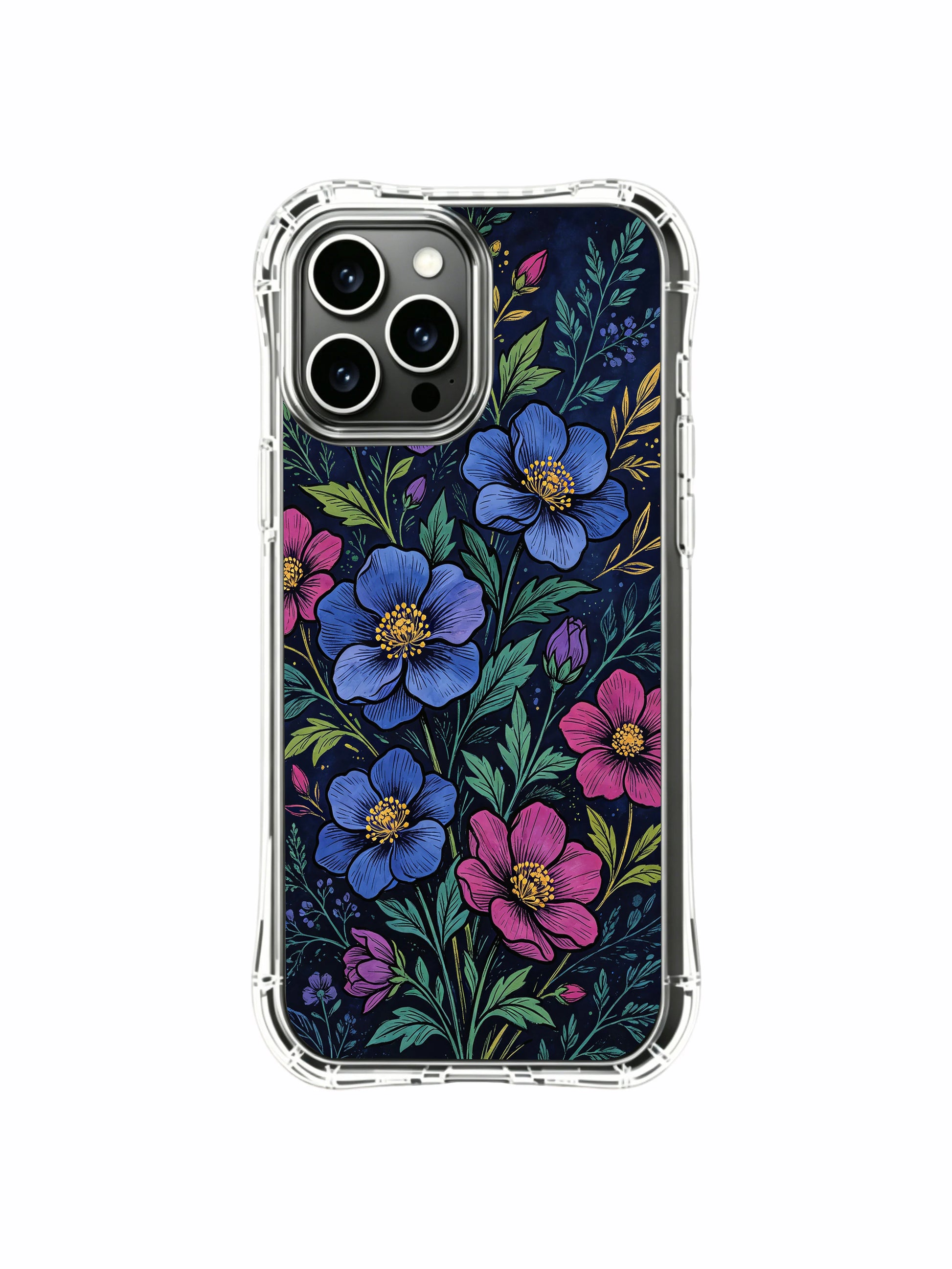 PhoneCasing iPhone 16 Pro Max Case with blue poppy flowers, designed to look like precious stones in the dark.
