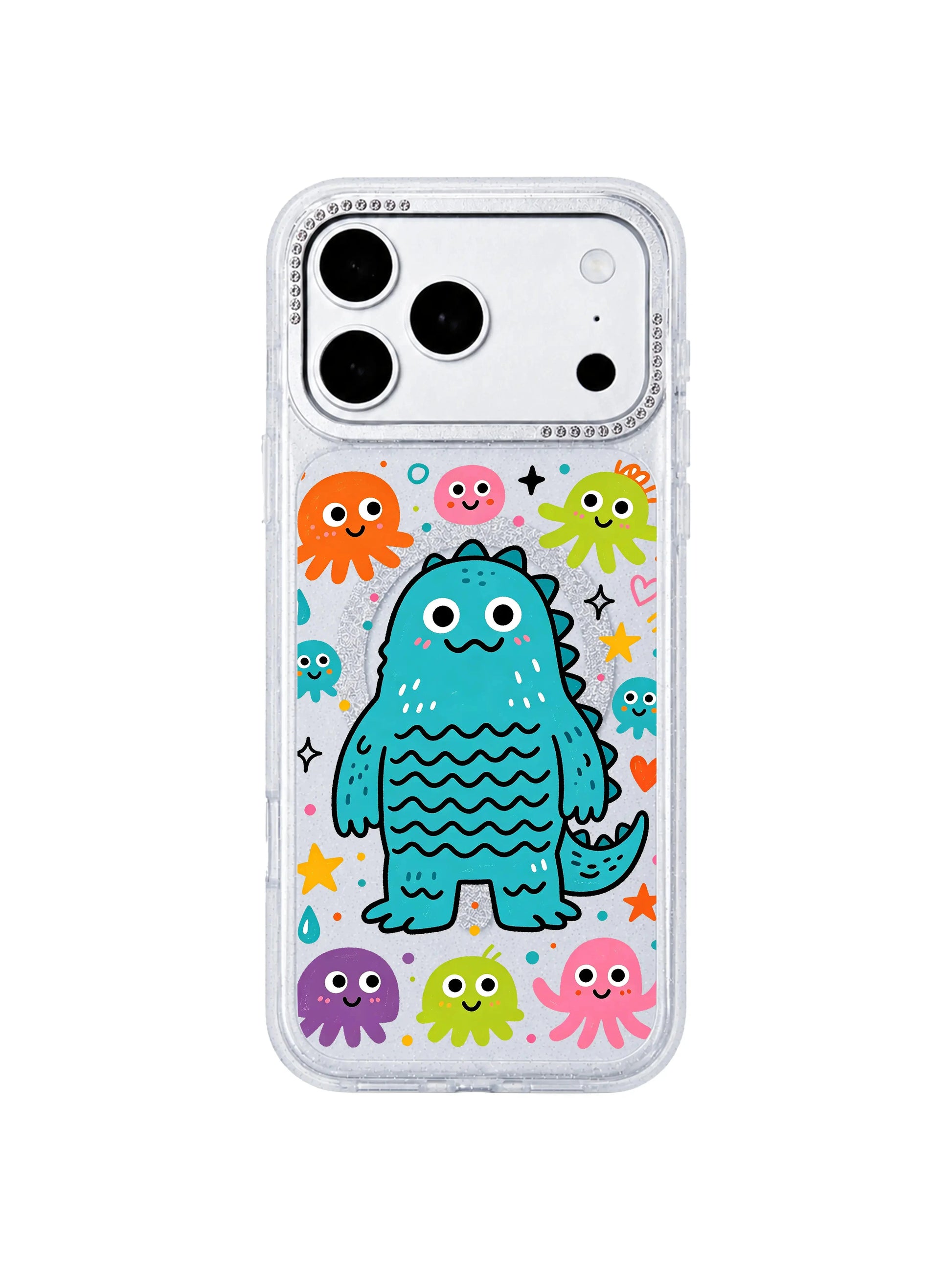 PhoneCasing wide horizontal category banner with full Blue Sea Monster Collection pattern grid on iPhone 17 Pro Max case, complete layout of varied marine creature variants for iPhone 17 Pro Max casing collection landing page