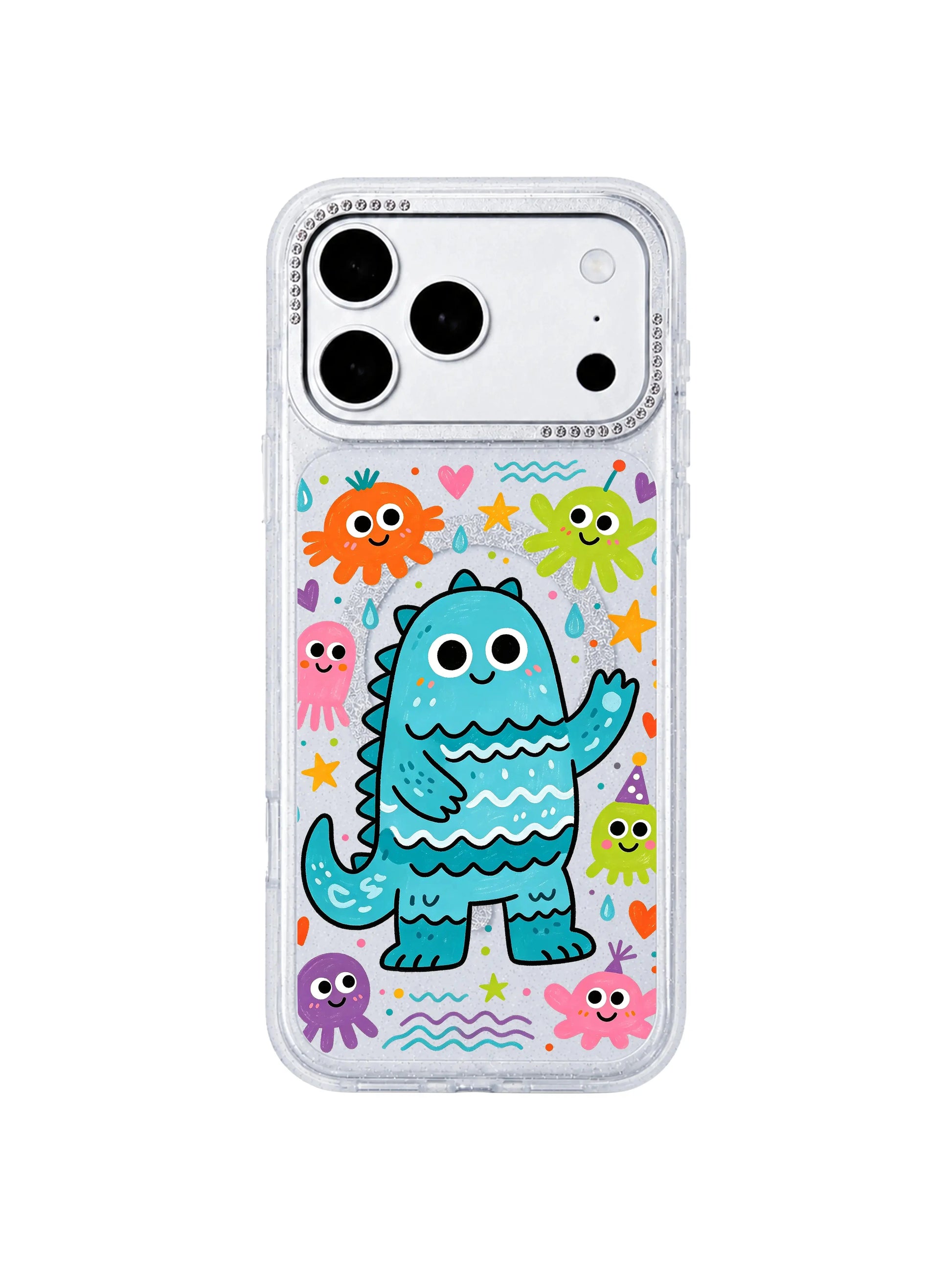 PhoneCasing hourglass structured three-sided technical render for Blue Sea Monster iPhone 17 Pro Max case, highlighting front wave character print, sparkly glitter bumper and crystal rhinestone camera trim for iPhone 17 Pro Max casing detail page