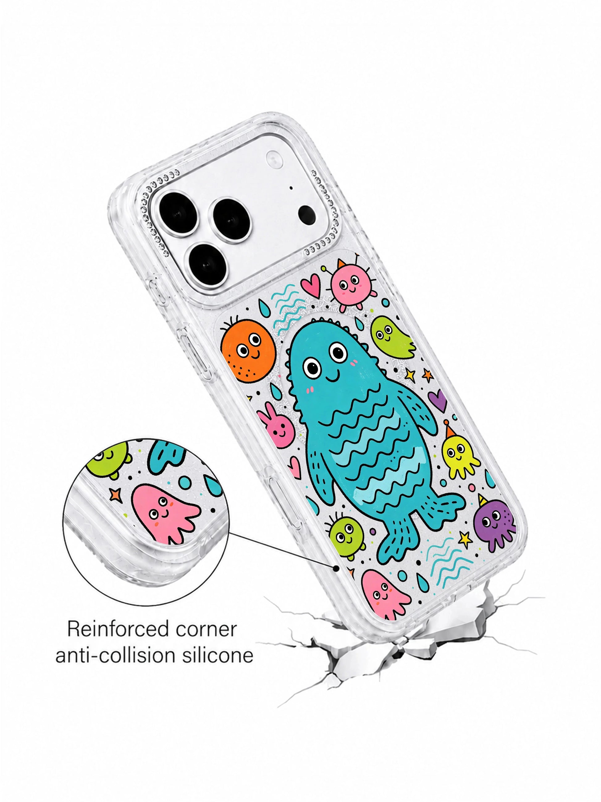 PhoneCasing decorative element close-up of hand-drawn sea droplets, octopus pals and star hearts surrounding central blue wave monster on Blue Sea Monster iPhone 17 Pro Max case, ocean-themed storytelling visuals for iPhone 17 Pro Max casing product copy