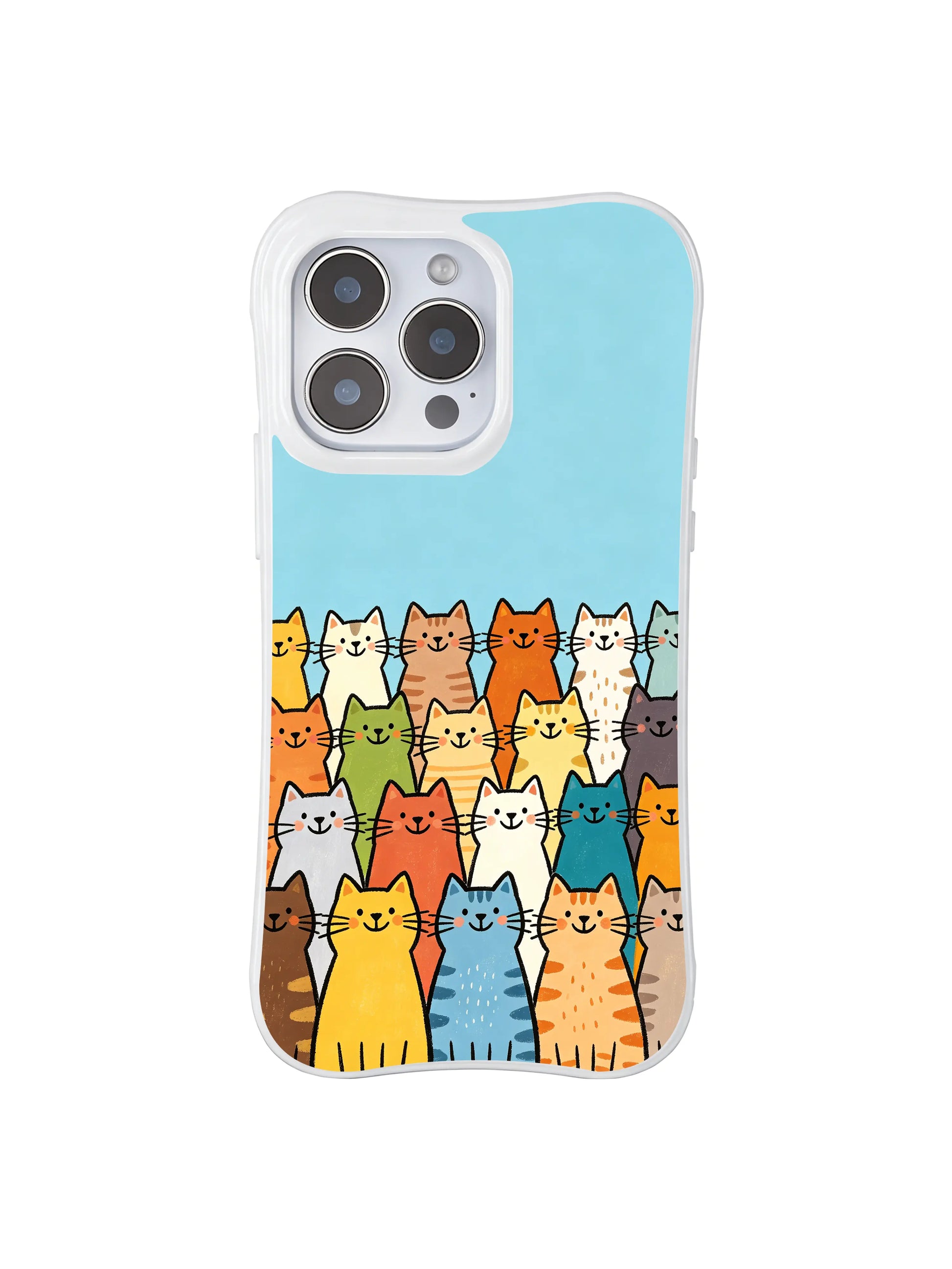 PhoneCasing iPhone 16 Pro Max showcasing Blue Sky Cat Lineup, diverse cats gathering in a lively group, feeling like a sweet, joyful celebration of friendship.