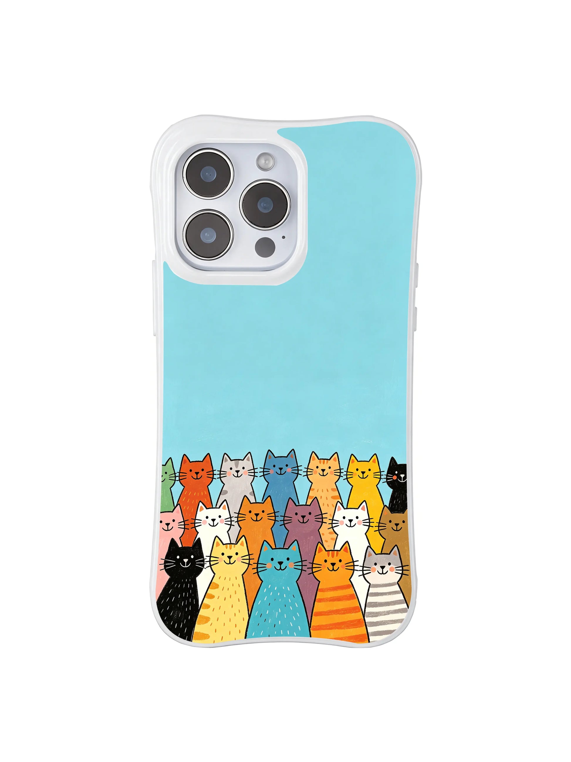 PhoneCasing iPhone 16 Pro Max with Blue Sky Colorful Kitties print, diverse cats gathering against a bright backdrop, bringing lively warmth to your phone case.