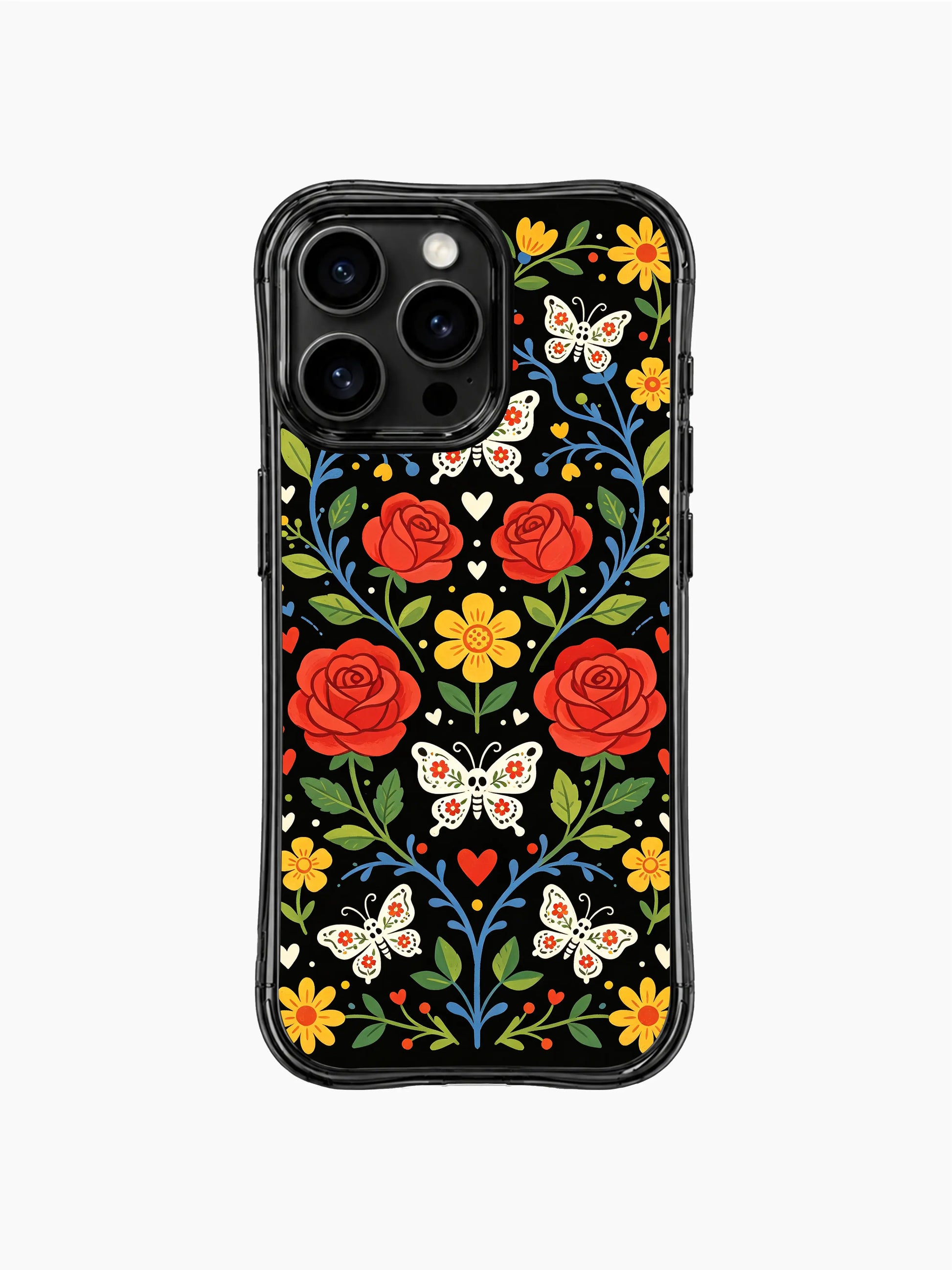 PhoneCasing iPhone 16 pro max Case with winding blue vines, sugar skull butterflies and red roses, interspersed with yellow flowers and tiny hearts, folk art print on durable black iPhone 16 pro max casing.