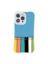 PhoneCasing iPhone 16 Pro Max featuring Blue Wall Cat Lineup art by Mimi Colorfield, colorful cats queuing against a soft blue background.