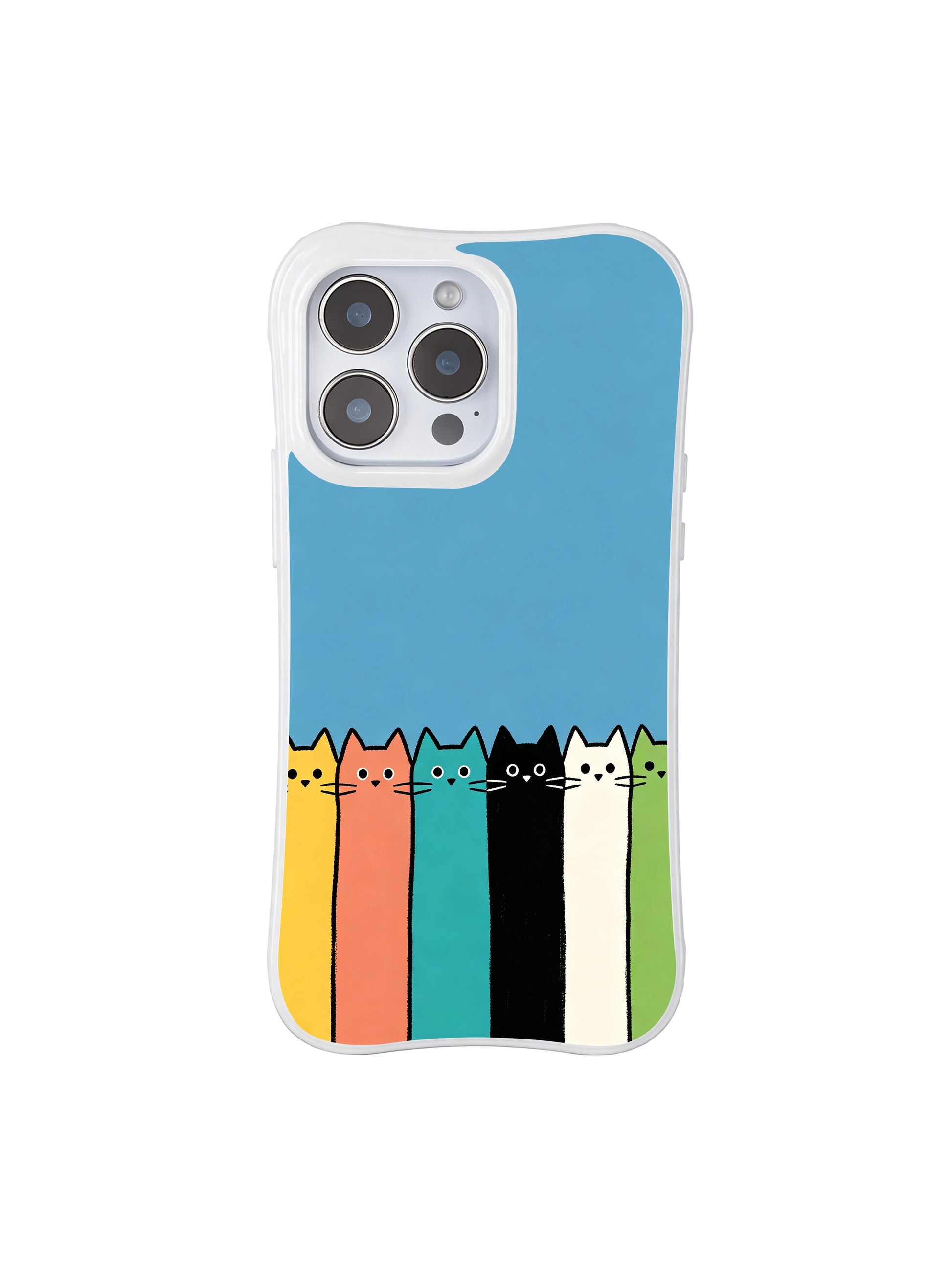 PhoneCasing iPhone 16 Pro Max featuring Blue Wall Cat Lineup art by Mimi Colorfield, colorful cats queuing against a soft blue background.