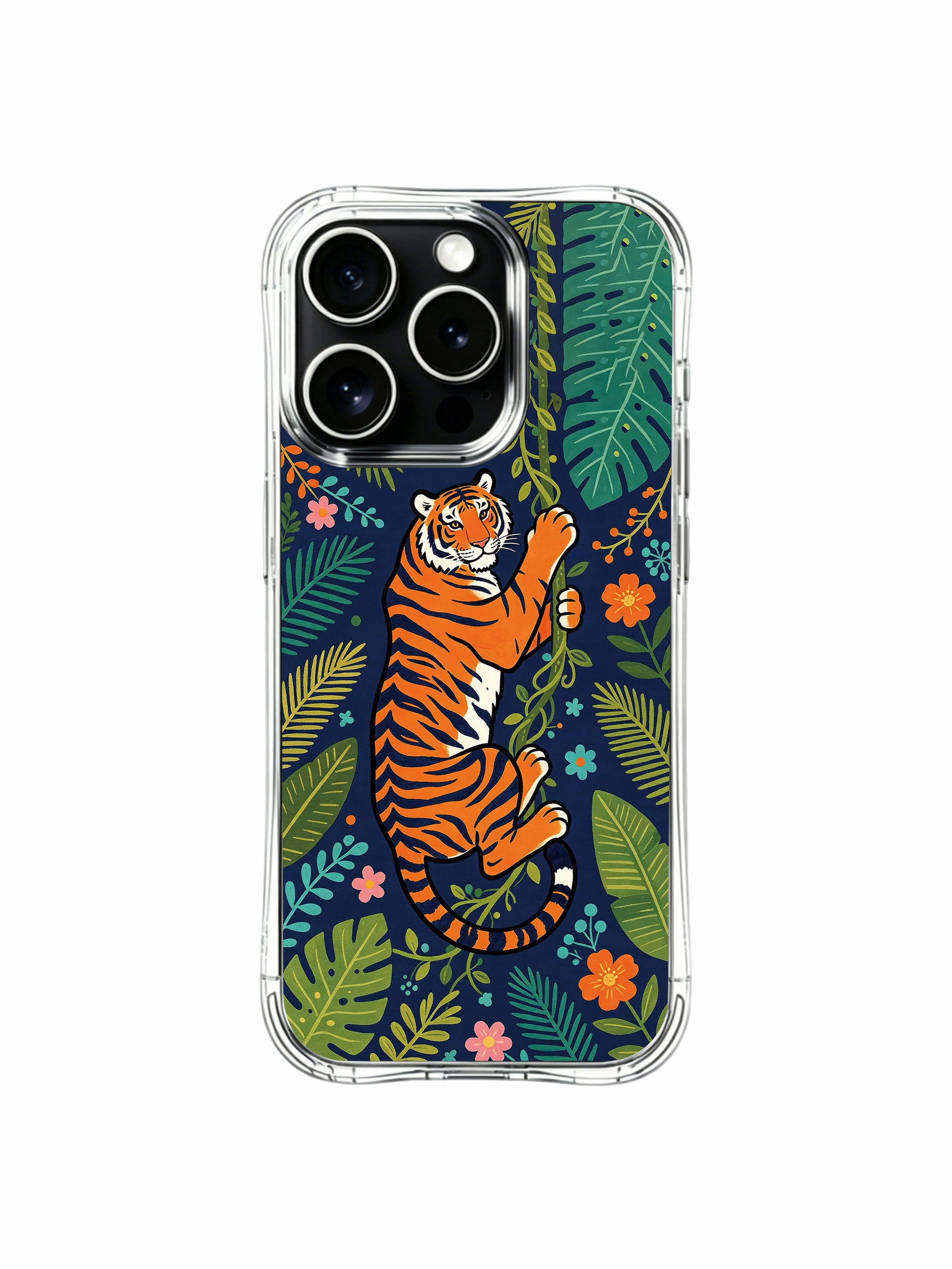 Boho jungle botanical orange tiger design iPhone 13 pro Case from PhoneCasing, durable clear iPhone 13 pro casing mixed with assorted wild tropical blooms, casual daily-use phone cover.
