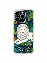 White lion surrounded by colorful tropical flowers artwork on an iPhone 13 Pro case