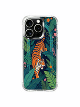 Boho tropical assorted colorful blooms dotting pathways inside enchanted leaf palace with wandering tiger iPhone 13 pro Case from PhoneCasing, bend-resistant transparent iPhone 13 pro casing, casual outdoor explorer nature designer phone cover.