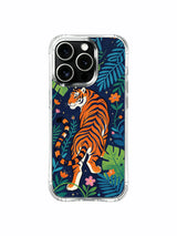 Boho tropical star-shaped small blooms around poised jungle tiger iPhone 13 pro Case from PhoneCasing, bend-resistant transparent iPhone 13 pro casing, casual vacation-style nature designer phone cover.