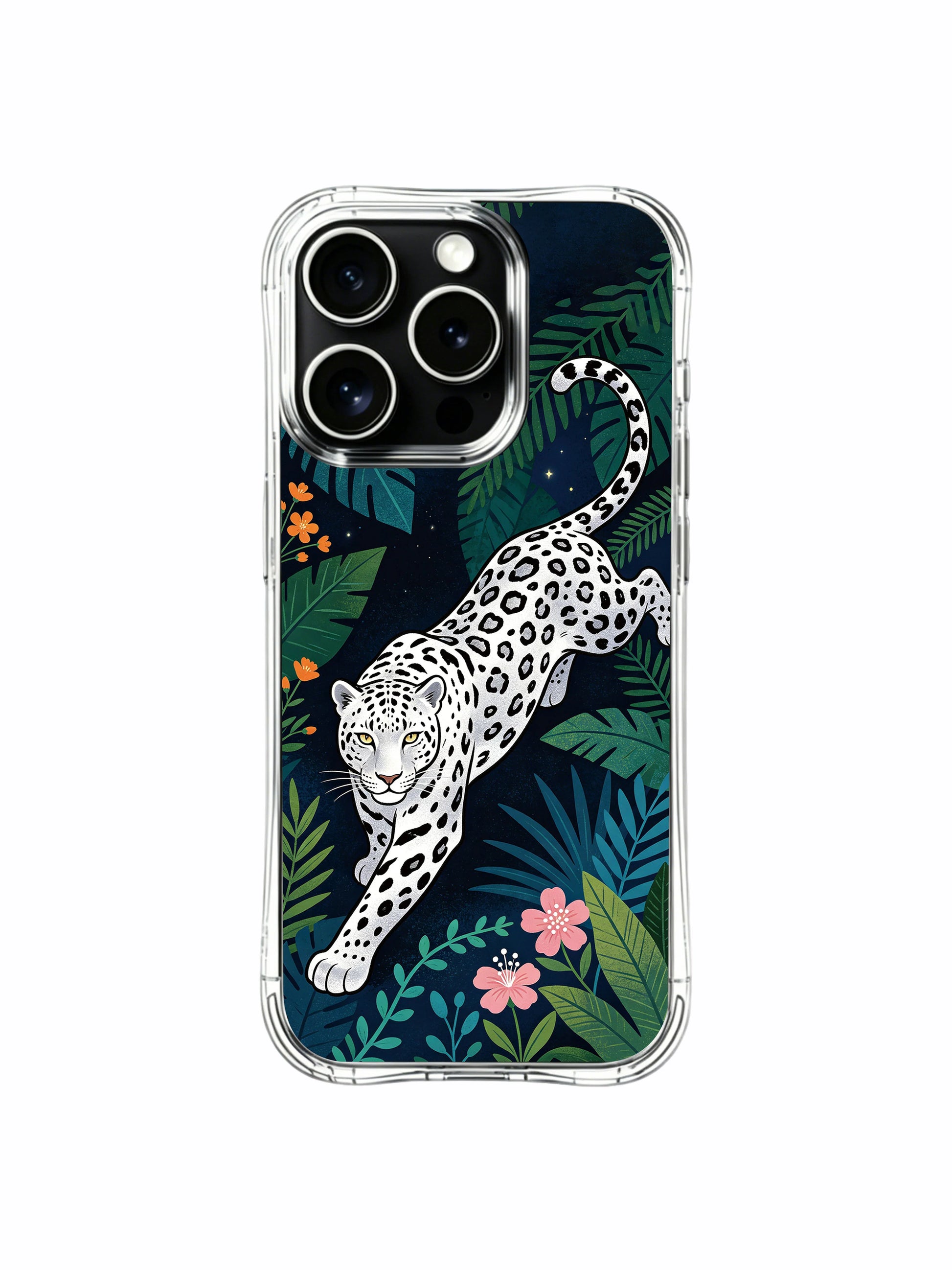 Boho tropical nocturnal spotted silver leopard design iPhone 13 pro Case from PhoneCasing, bend-resistant clear iPhone 13 pro casing paired with assorted pink and orange wildflowers, casual everyday wearable phone cover.