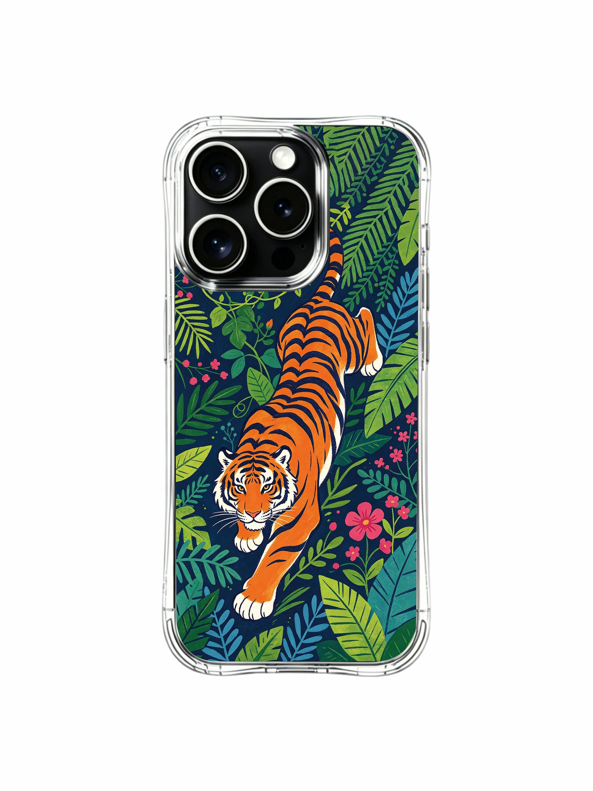 Bold action symbolic wild tiger celebrating unstoppable freedom iPhone 13 pro Case by PhoneCasing, layered multi-shade tropical foliage detailed phone cover, California atelier manufactured premium casing