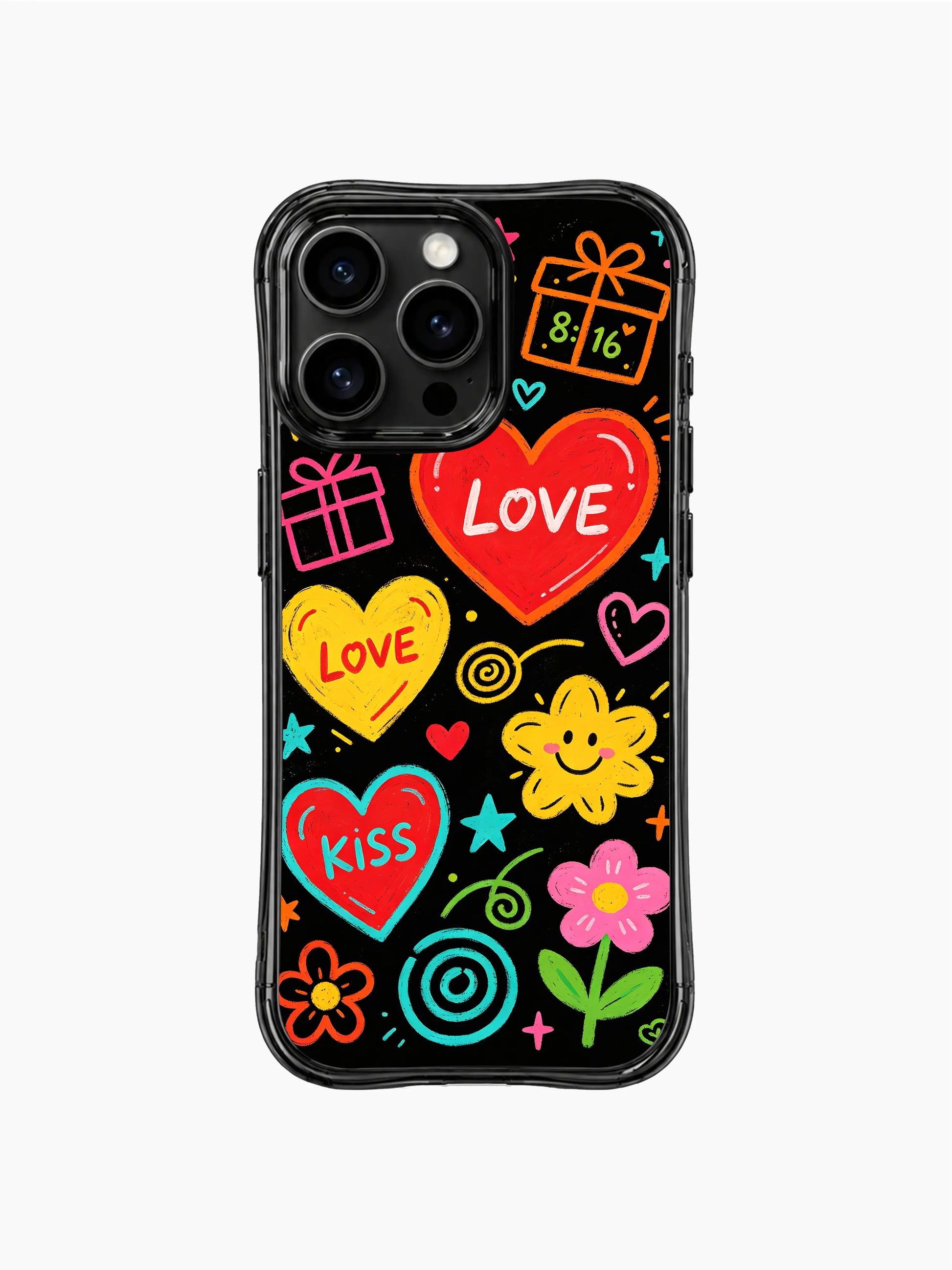 Teen streetwear PhoneCasing iPhone 13 Pro Max case, bold confession young love chalk doodle poster design, oversized red center heart, kiss text, star and daisy scattered splatter print