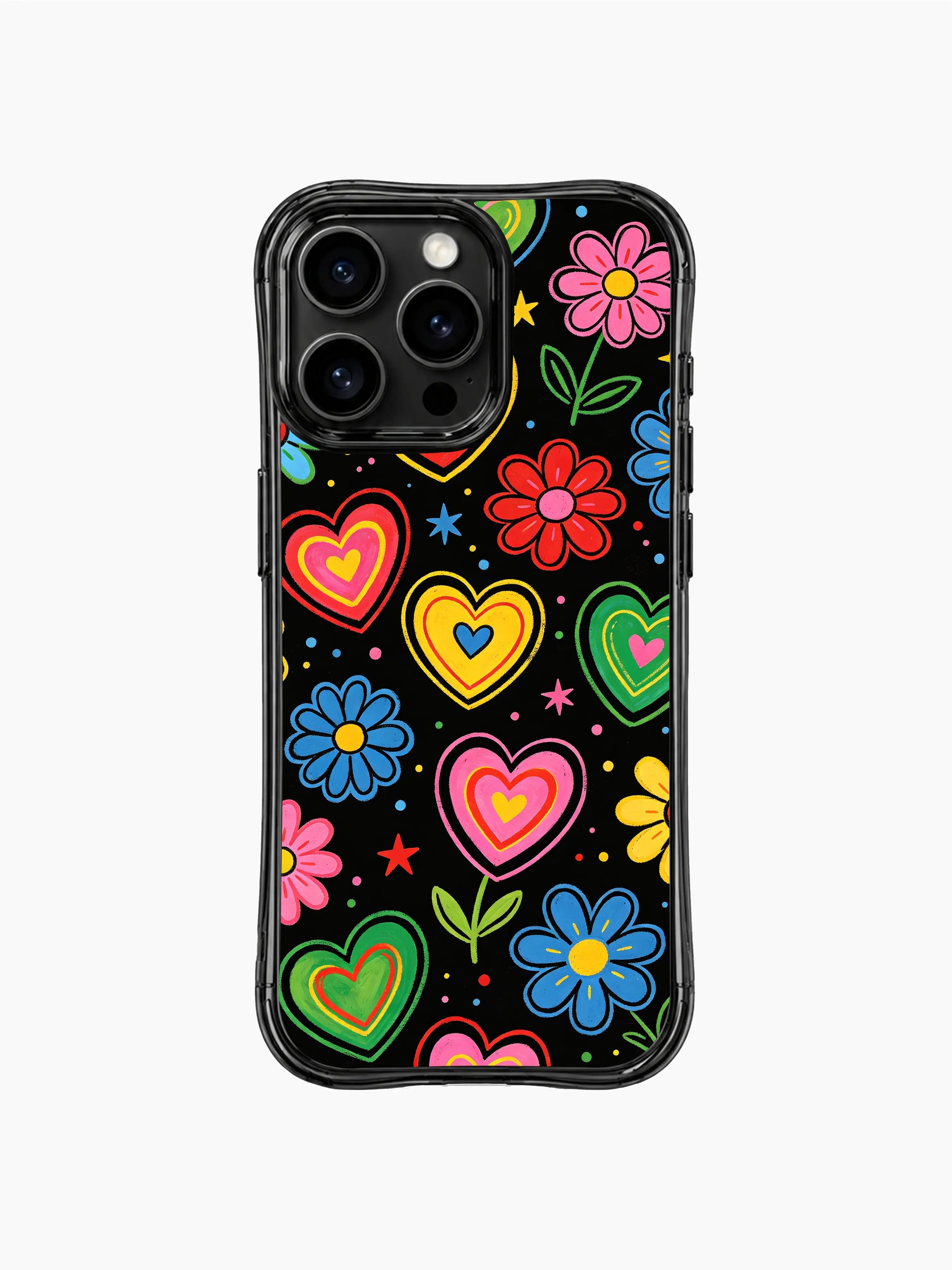 Teen dreamy streetwear PhoneCasing iPhone 13 Pro Max case, bold Midnight Heart Bloom crayon sketch design, irregular stacked neon hearts, blooming daisy and star confetti sweet night details