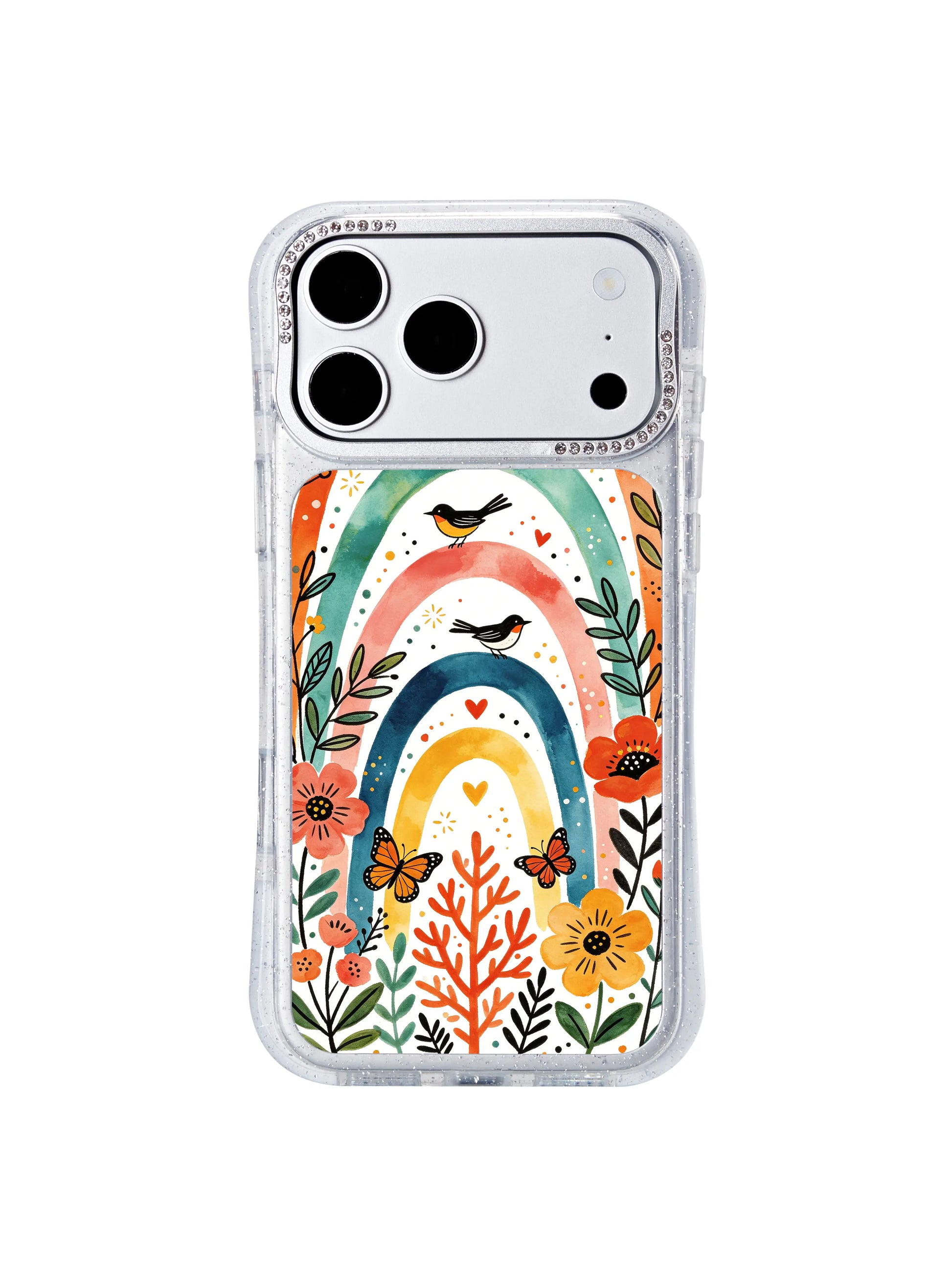 PhoneCasing modern decorative folk-style iphone 17 pro Max casing, stacked rainbow arch composition with luminous dot flourishes and subtle hidden heart motifs, delivering confident, refreshing vibes for tech styling.