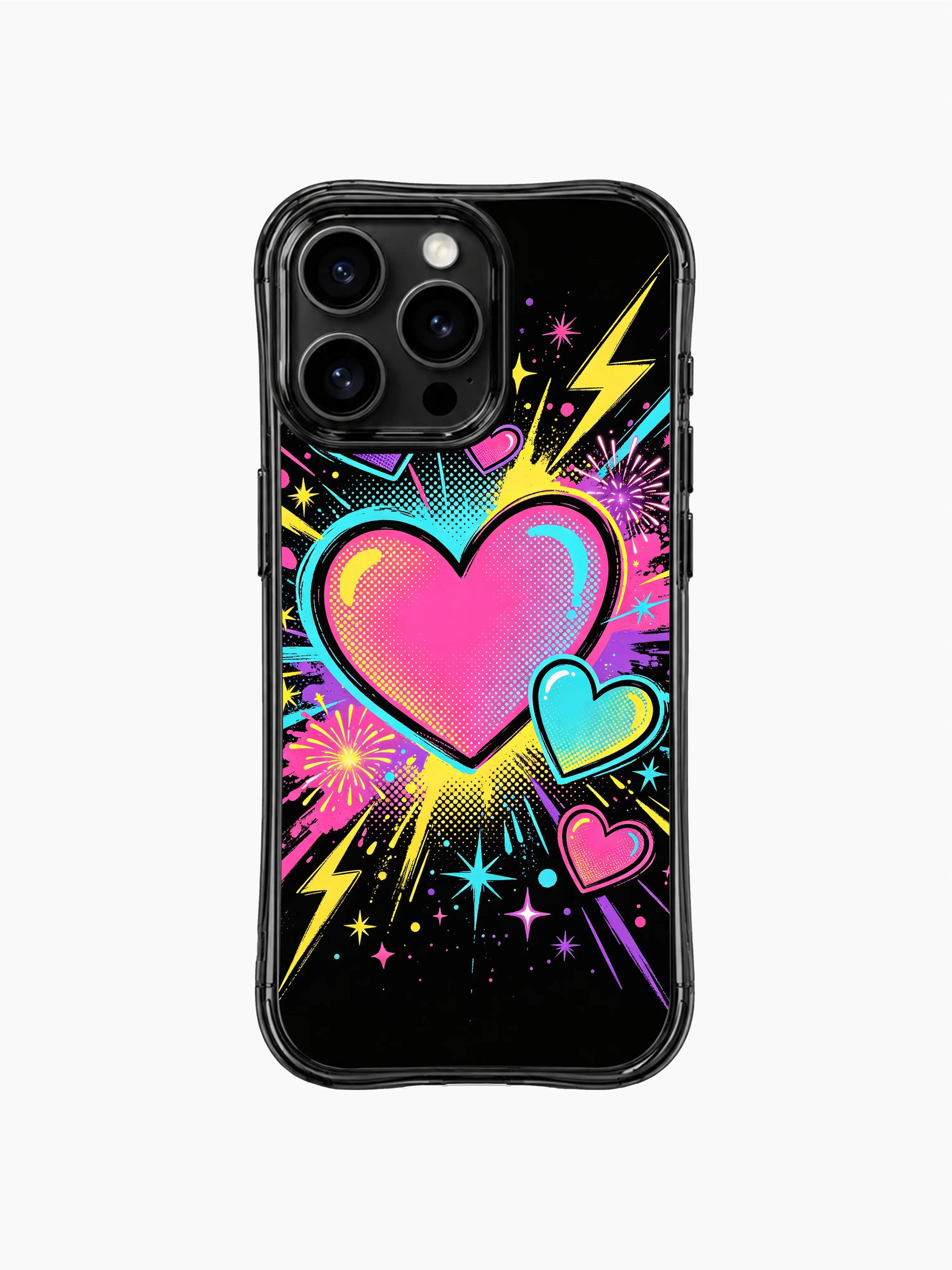 Teen party streetwear PhoneCasing iPhone 13 Pro Max case, bold Pop Heart Fireworks pop comic sketch design, irregular bursting neon hearts, fireworks and star splatter energetic night details