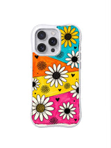PhoneCasing iPhone 16 pro Case blending loud vibrant candy color block liveliness and sharp bold black graphic contrast via drifting daisy heart dot motifs, Ruby Daze Daisy Love Carnival wavy design for daily festival casual wear.