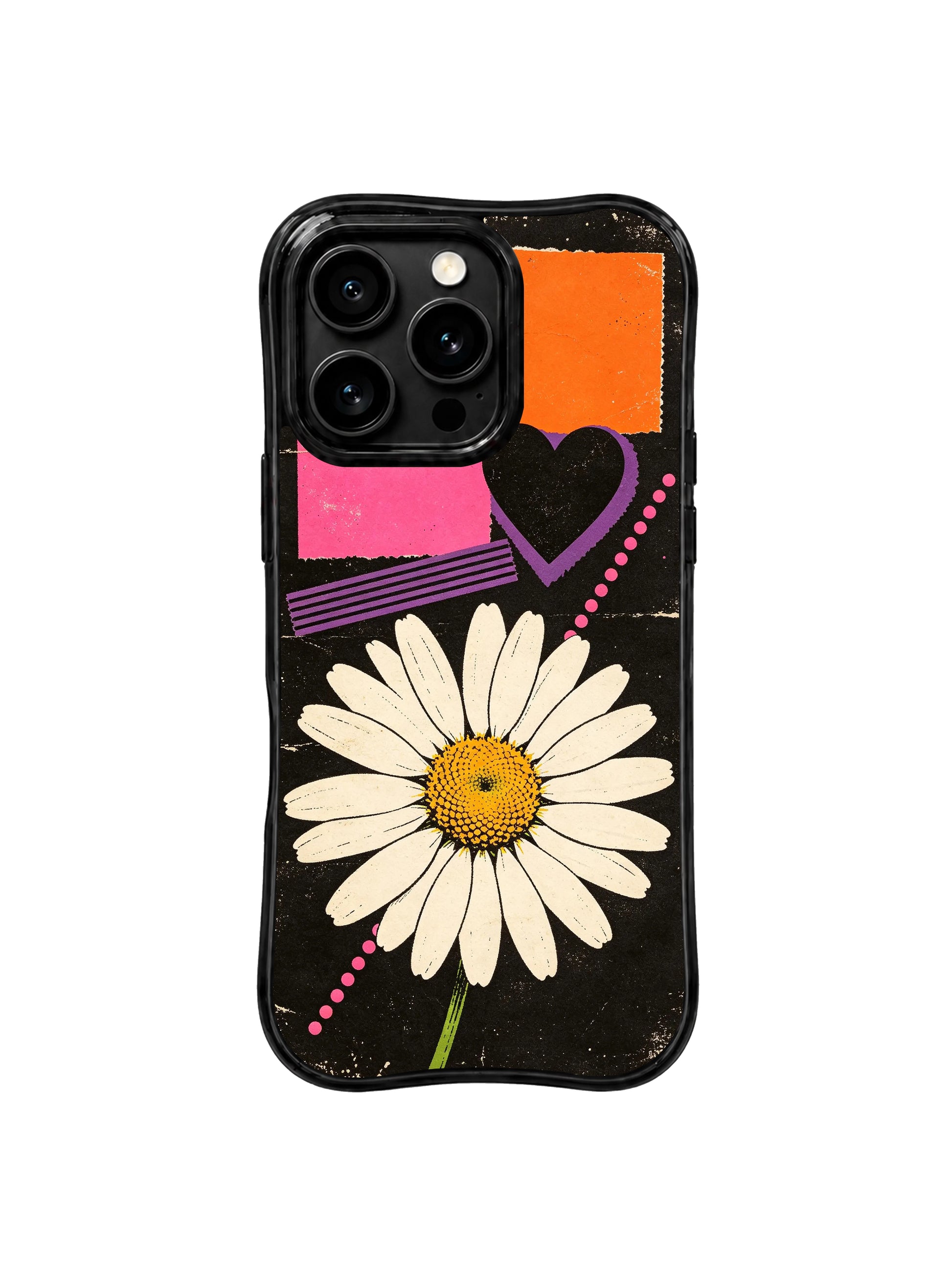 PhoneCasing iPhone 16 pro Case blending bright statement daisy warmth and gritty worn torn-paper street print ruggedness via central cream bloom tape heart dot trail motifs, Ruby Daze White Daisy Street Poster wavy design for daily urban casual wear.