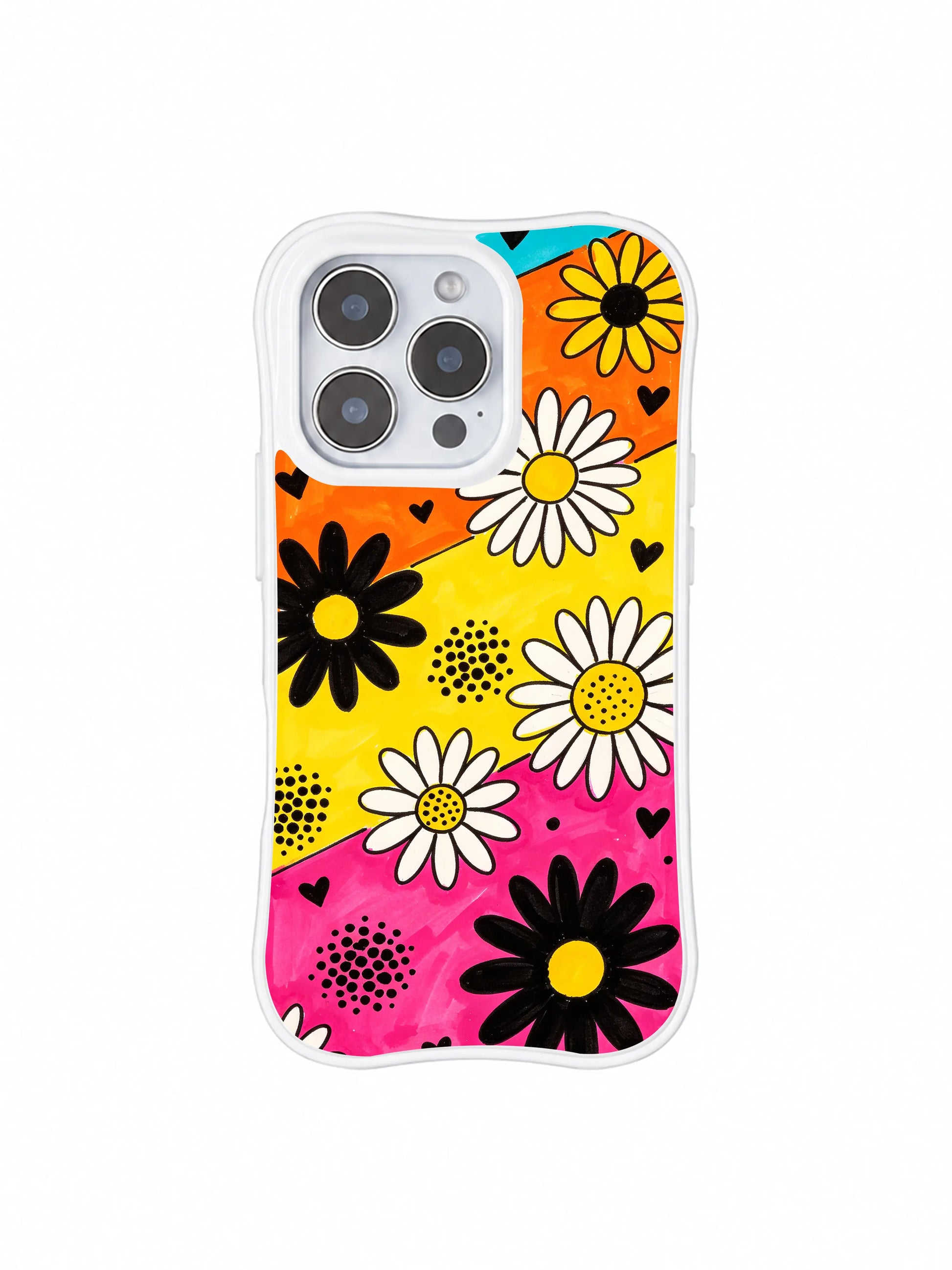 PhoneCasing iPhone 16 pro Case blending loud vibrant candy color block liveliness and sharp bold black graphic contrast via drifting daisy heart dot motifs, Ruby Daze Daisy Love Carnival wavy design for daily festival casual wear.