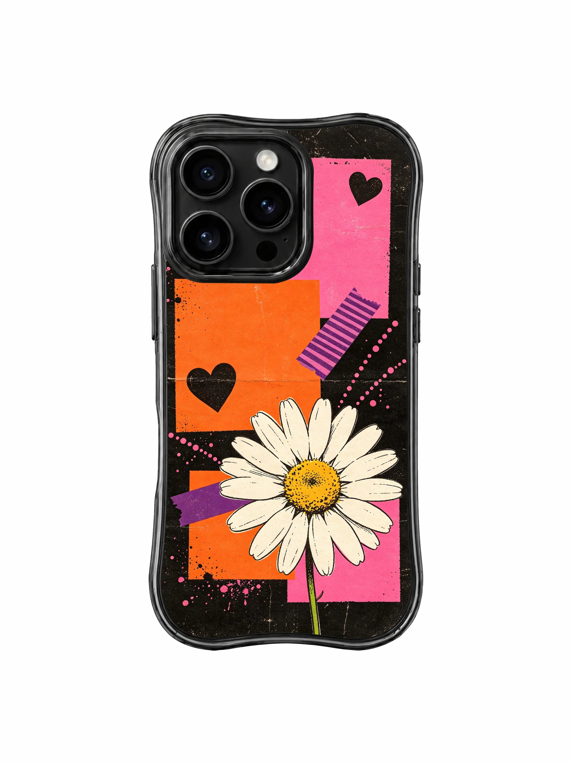 PhoneCasing iPhone 16 pro Case blending bright statement daisy warmth and gritty worn torn-paper street print ruggedness via central cream bloom tape heart dot trail motifs, Ruby Daze White Daisy Street Poster wavy design for daily urban casual wear.