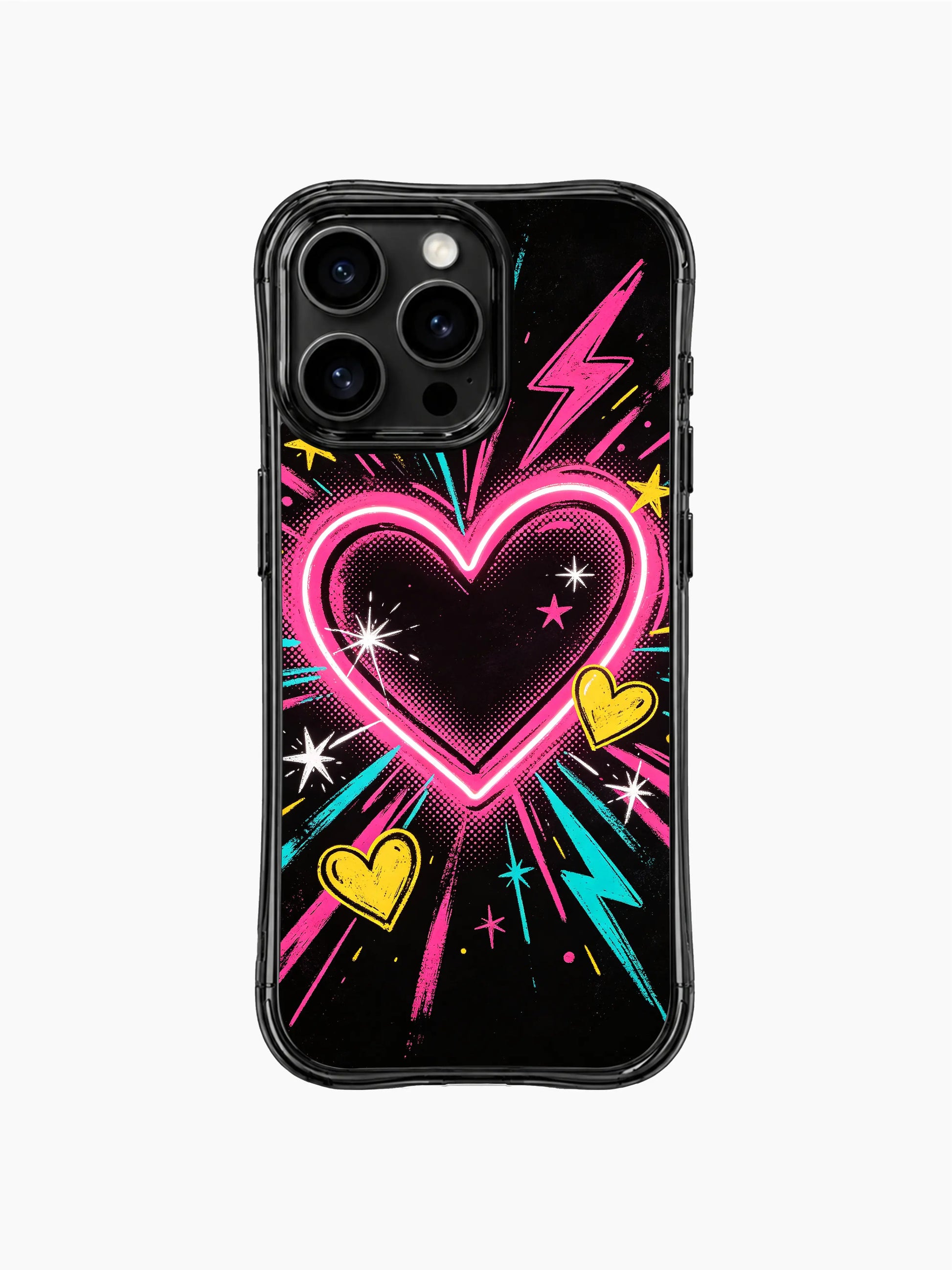 PhoneCasing iPhone 13 Pro Max cover all-over dynamic neon heart lightning star pop pattern, capturing thrilling instant crush spark emotion, long-wearing durable protective casing.
