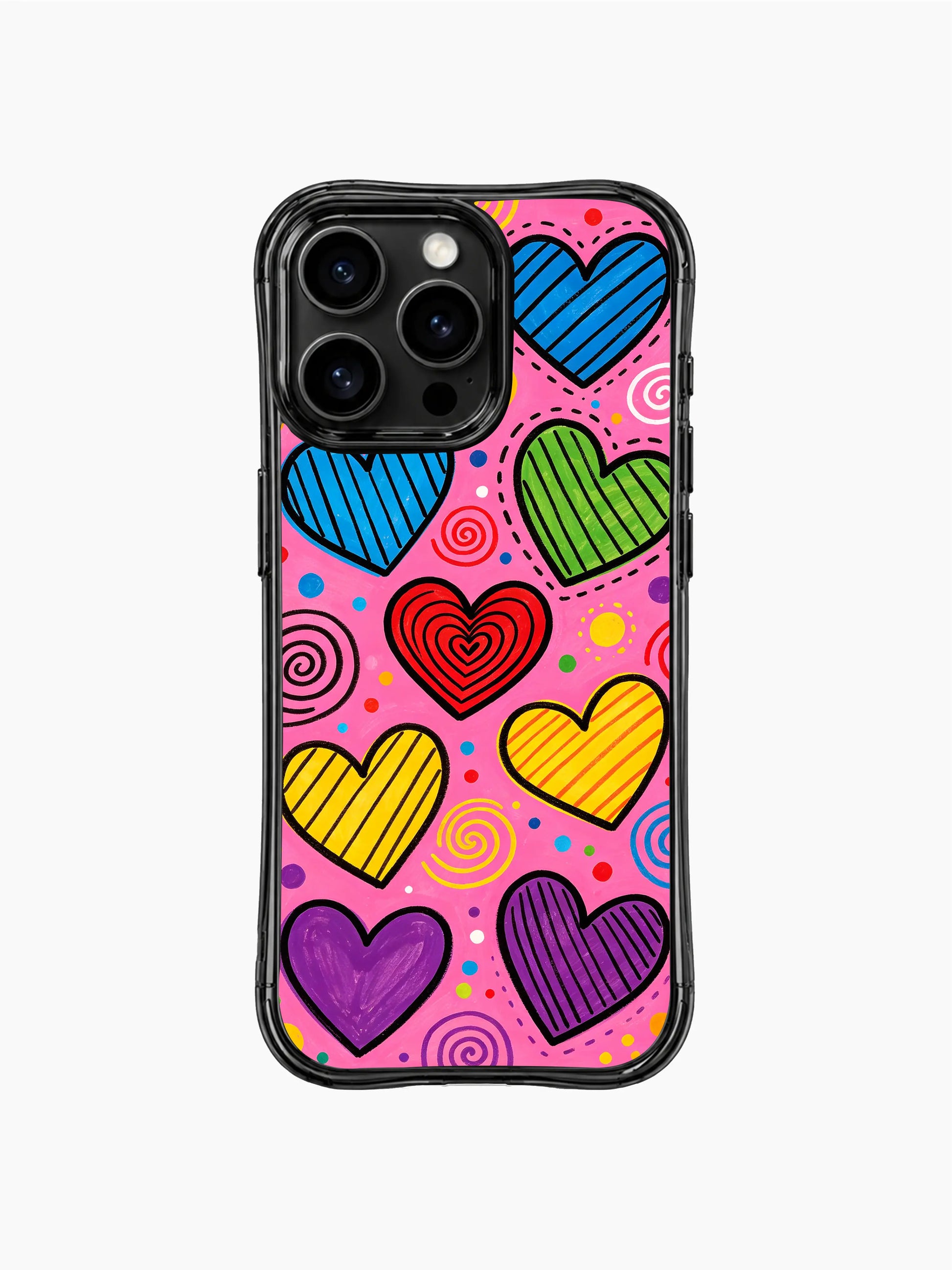 PhoneCasing iPhone 13 Pro Max casing saturated hot pink base with scattered multicolor striped hearts, carefree happy everyday phone cover.