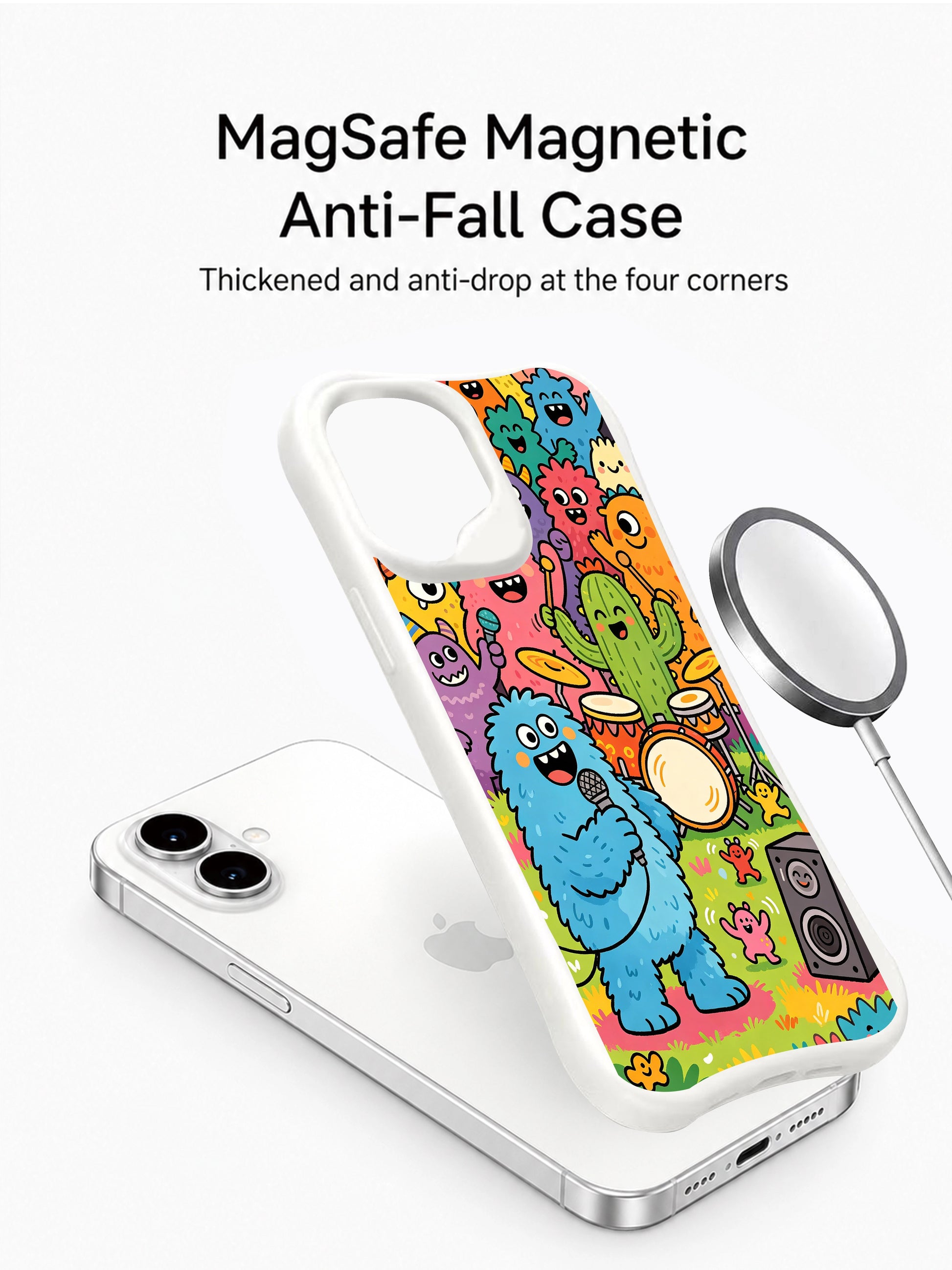 PhoneCasing bold outline art iPhone 16 Plus Case, dense character pattern of colorful monsters, stylish design for women.