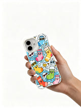 Bold-outline sock creature artwork on an iPhone 16 Plus case