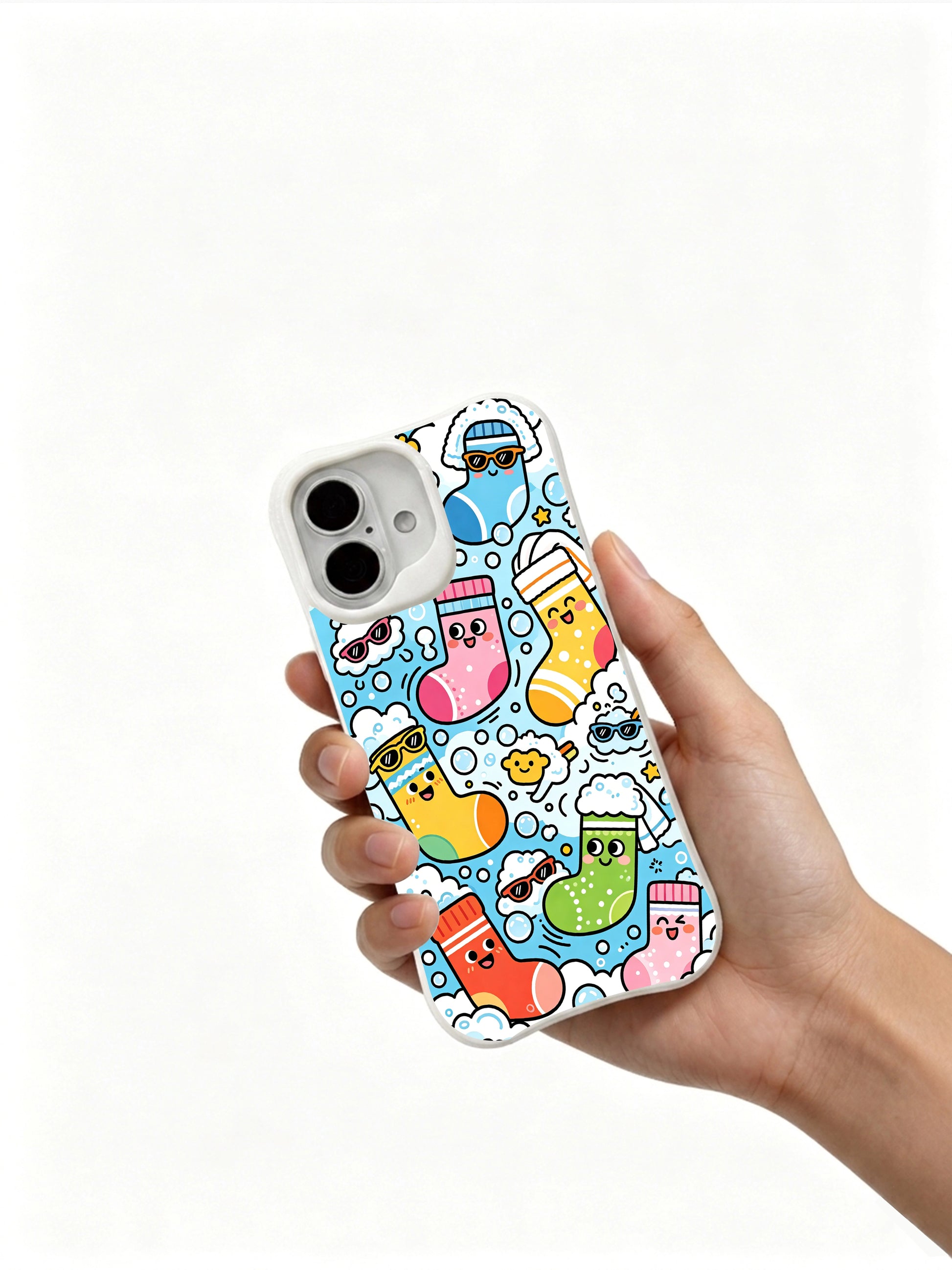 PhoneCasing bold outline art iPhone 16 Plus Case, Milo Yun’s Sock Monster Escape Day with dense character pattern for women.