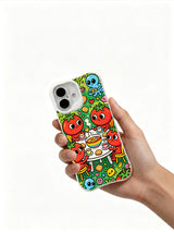 PhoneCasing bold outline art iPhone 16 Plus Case, dense character pattern of tomato aliens, stylish design for women.