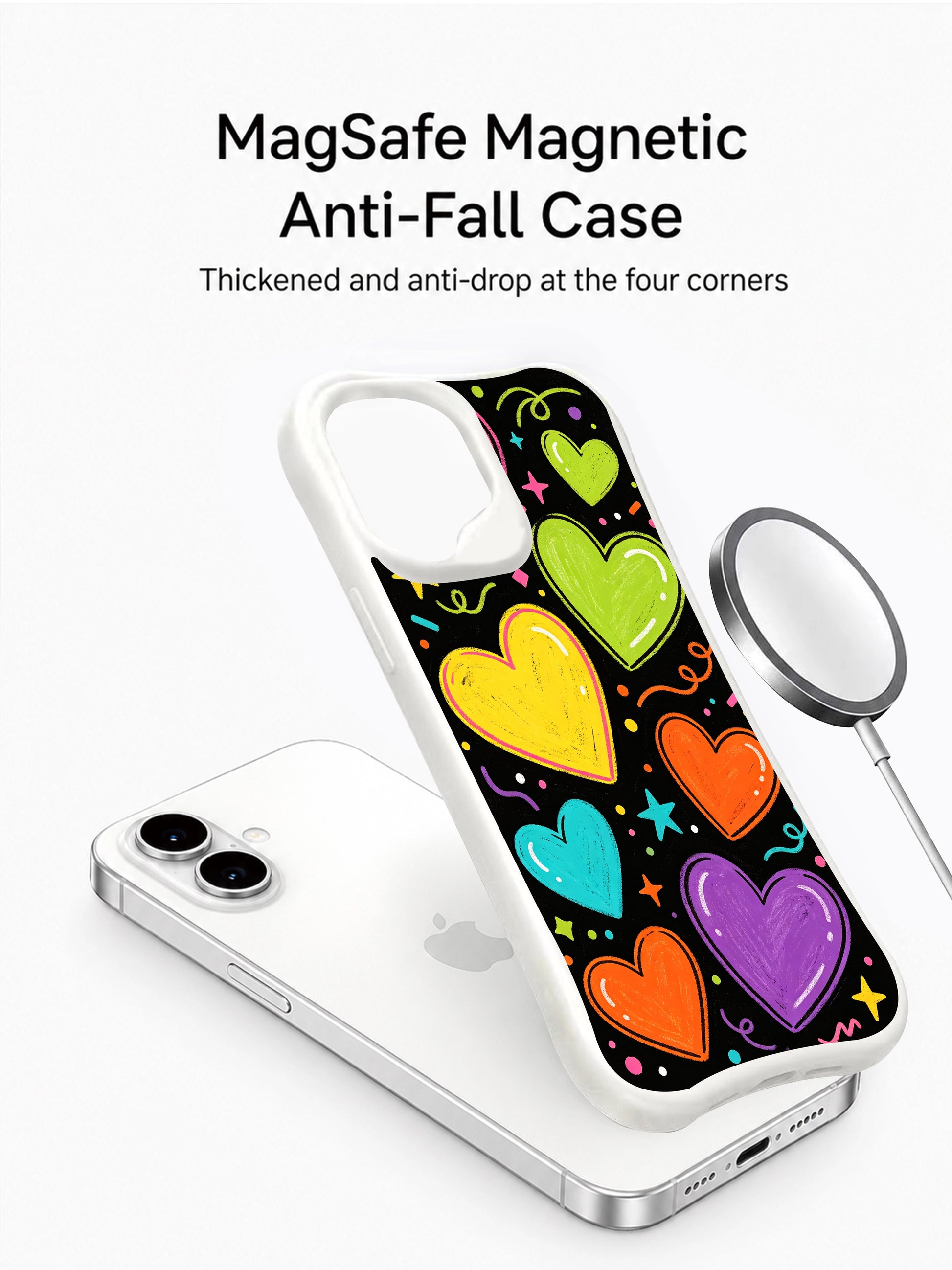 PhoneCasing bold neon hearts iPhone 16 plus case, a stylish iphone 16 plus casing with vivid pink, green, yellow, and blue hearts that pop against the dark background.