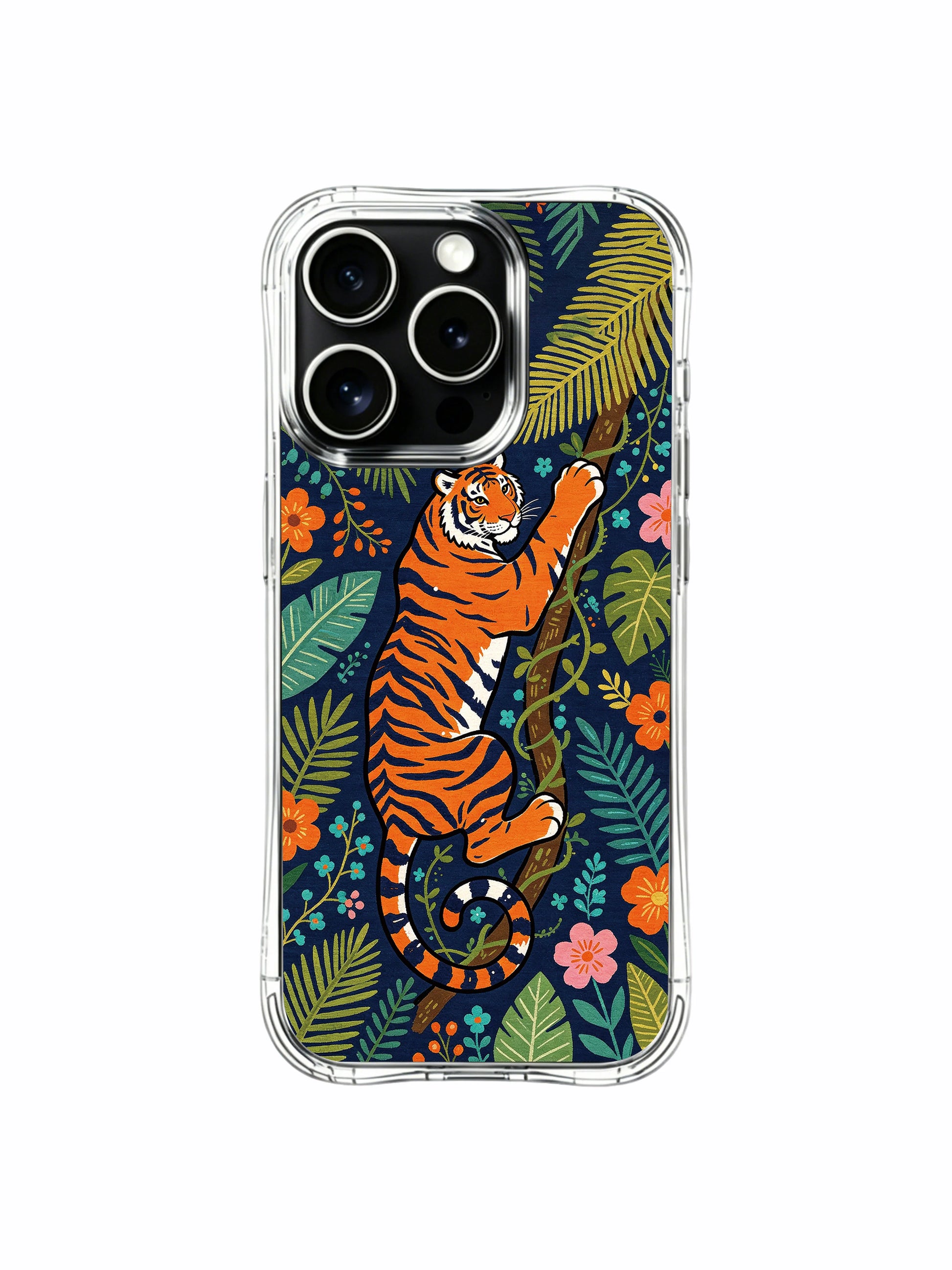 Bold dark striped orange tiger jungle illustration iPhone 13 pro Case from PhoneCasing, slim-fit clear iPhone 13 pro casing with dense tropical foliage layout, unique botanical art phone cover.