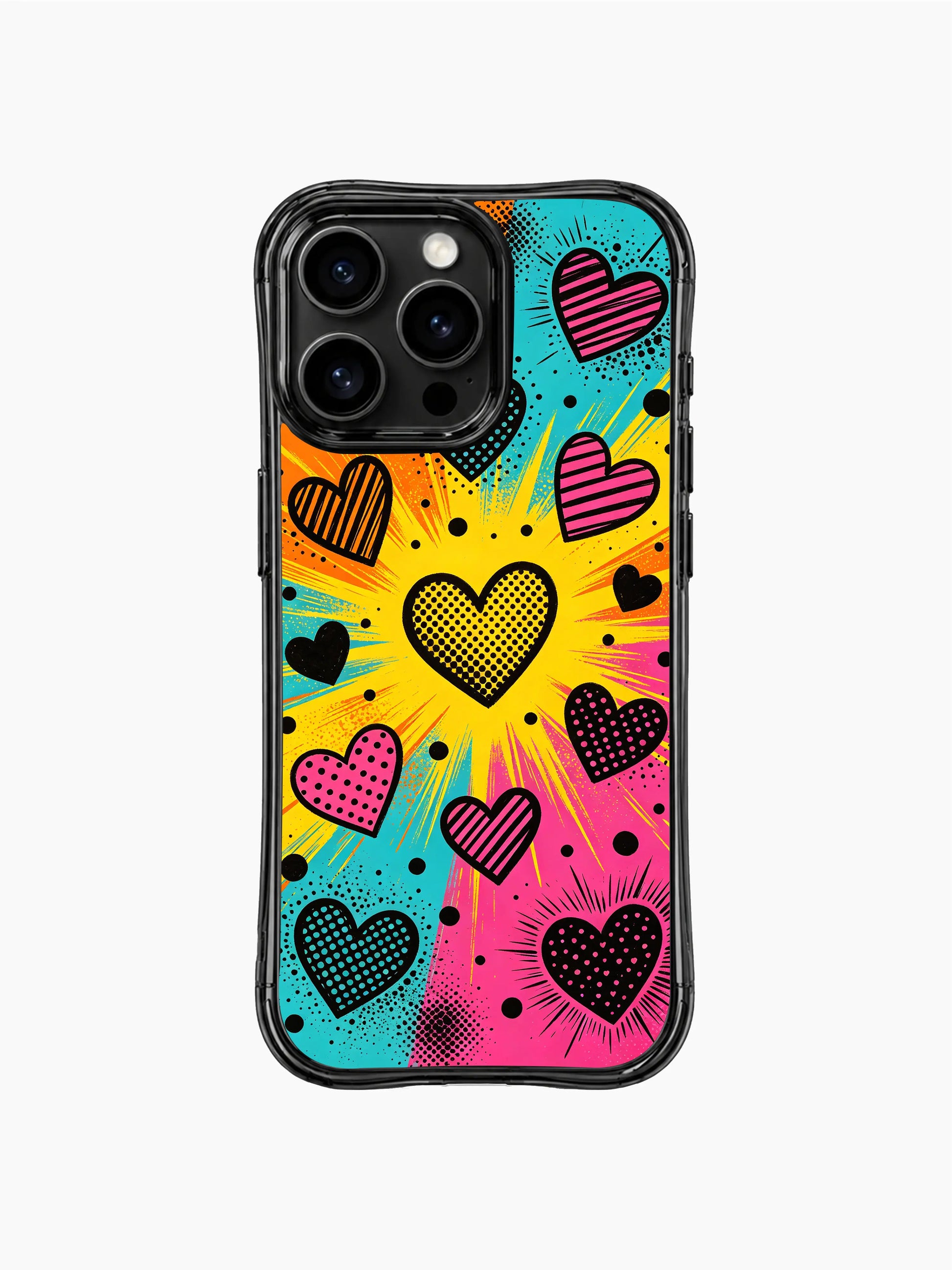 PhoneCasing iPhone 13 Pro Max cover all-over retro comic burst floating heart pattern, capturing loud confident joyful crush expression, long-wearing durable protective casing.