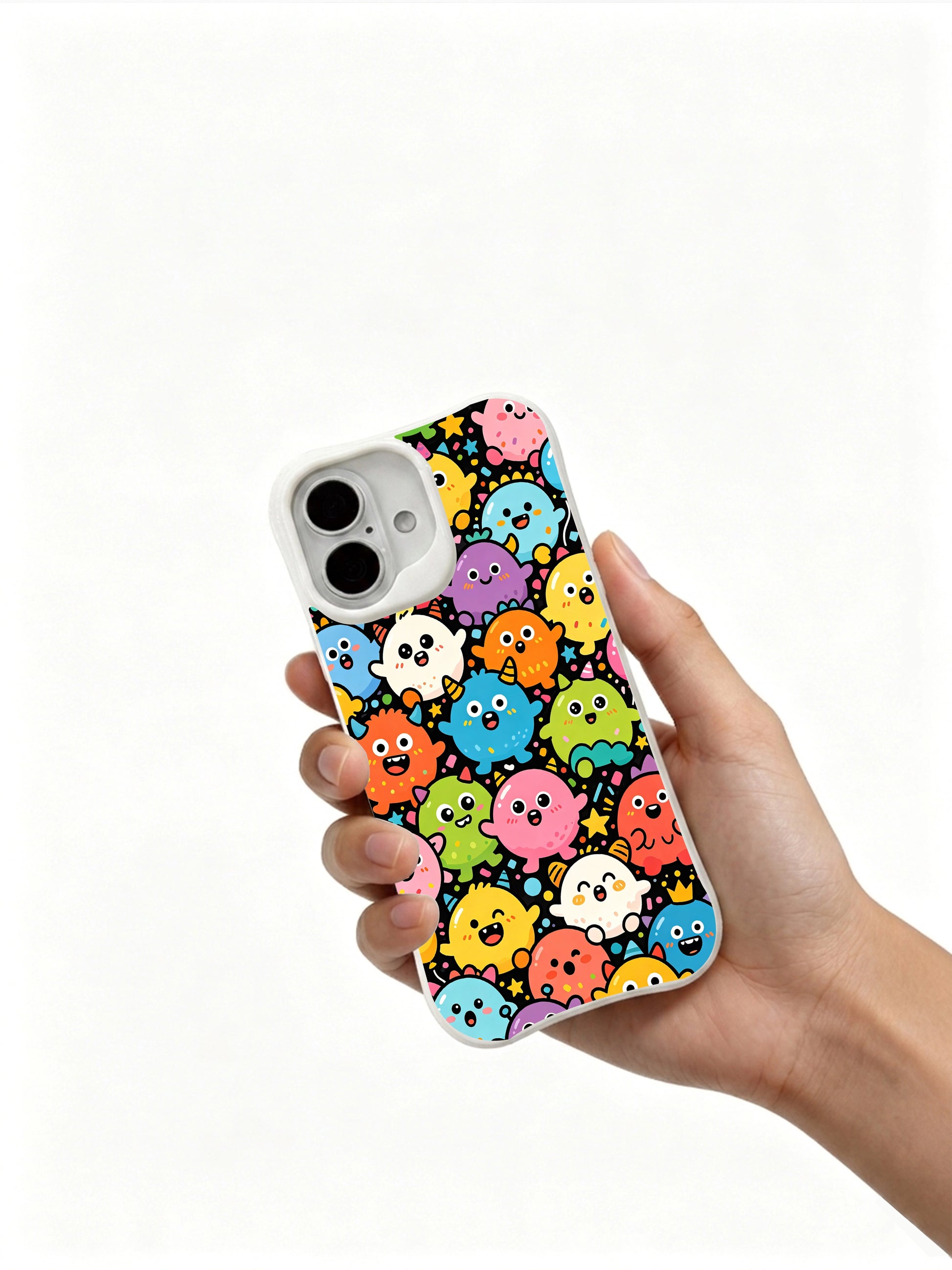PhoneCasing bold black outline art iPhone 16 Plus Case, Milo Yun’s iconic Candy Monster Parade with dense character pattern for women.