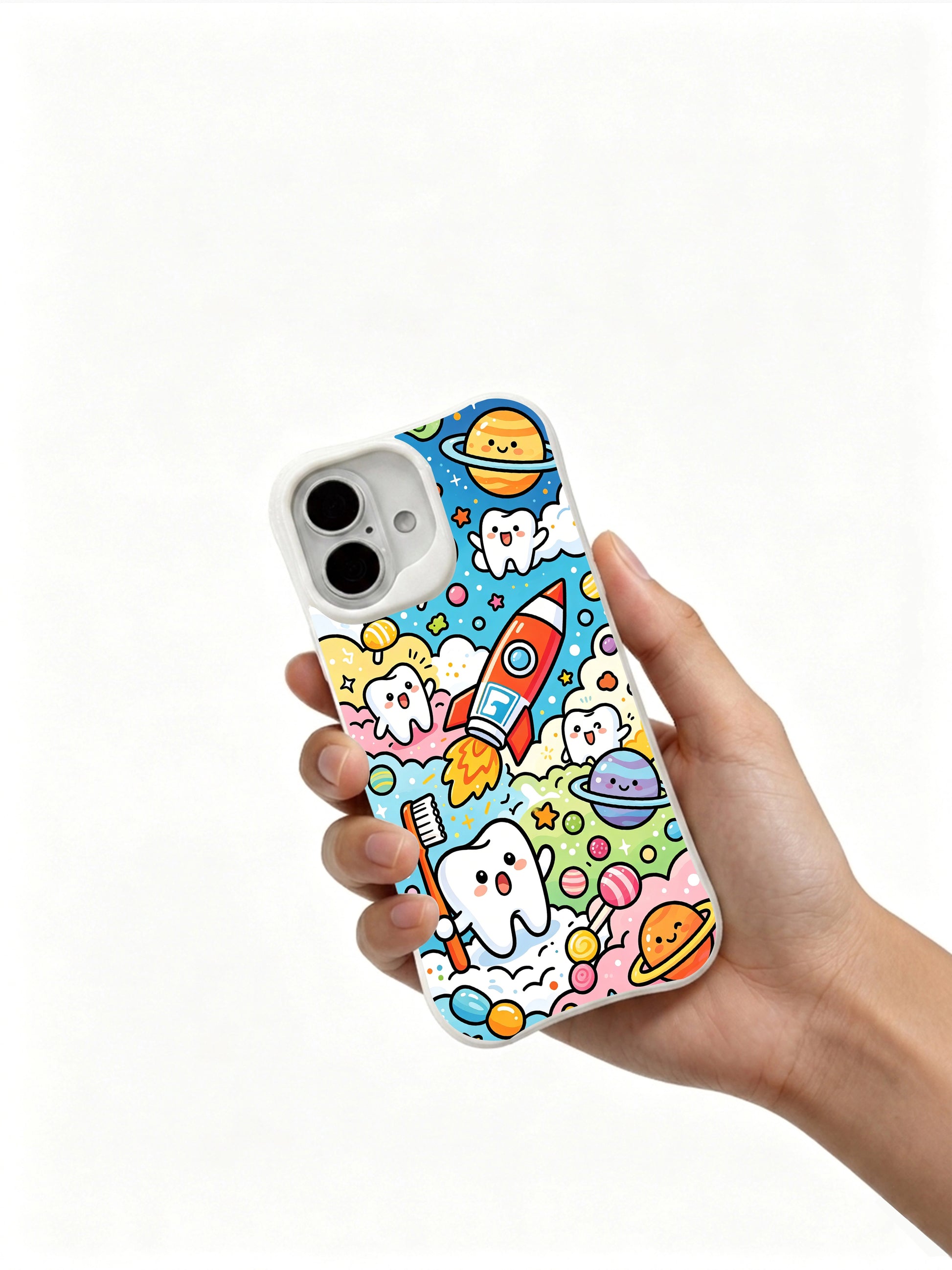 PhoneCasing bold black outline art iPhone 16 Plus Case, Milo Yun’s iconic Ice Cream Valley with dense character pattern for women.