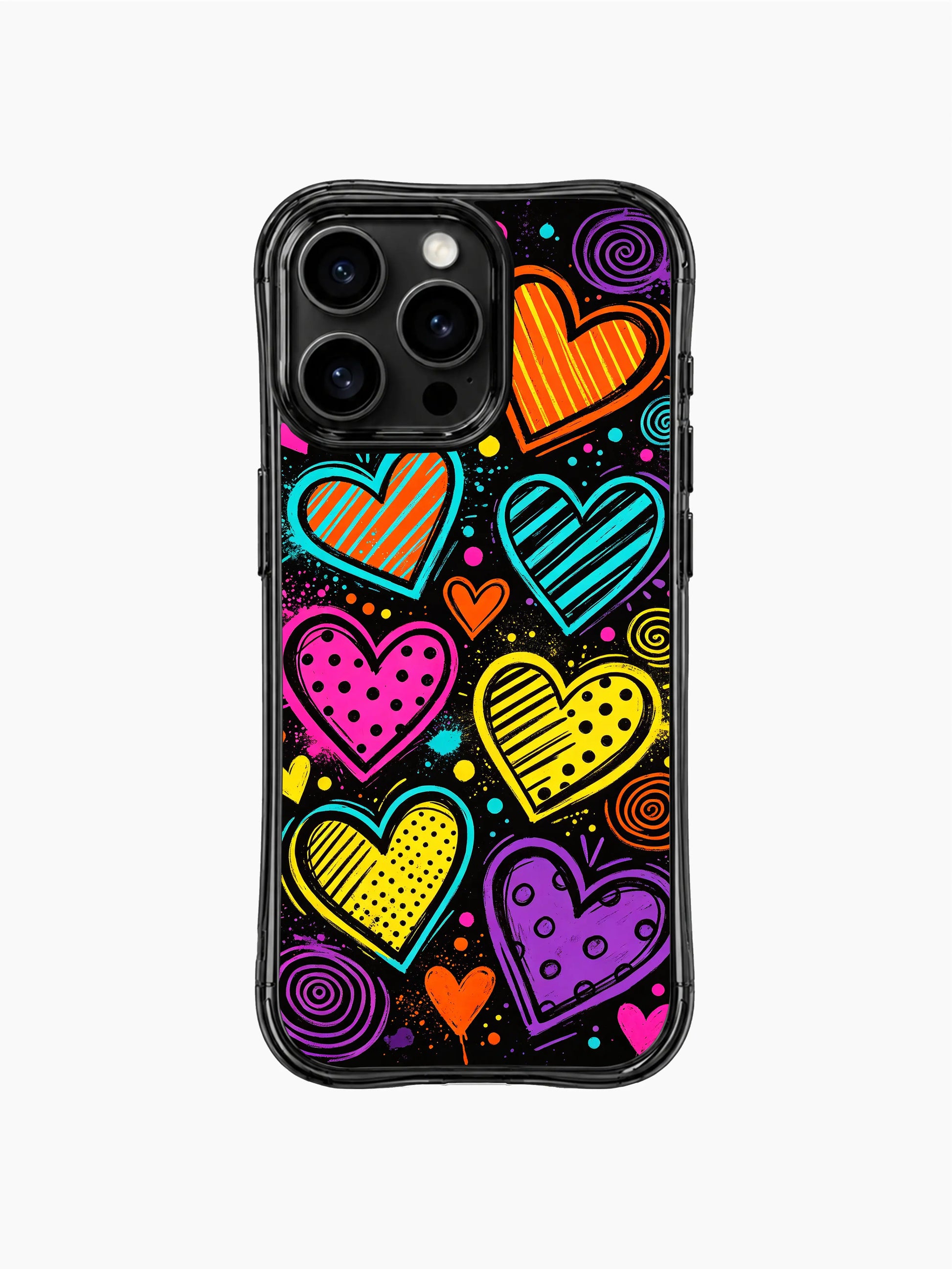 PhoneCasing iPhone 13 Pro Max casing with thick bold outlined heart parade design, energetic street doodle art slim protective phone case.