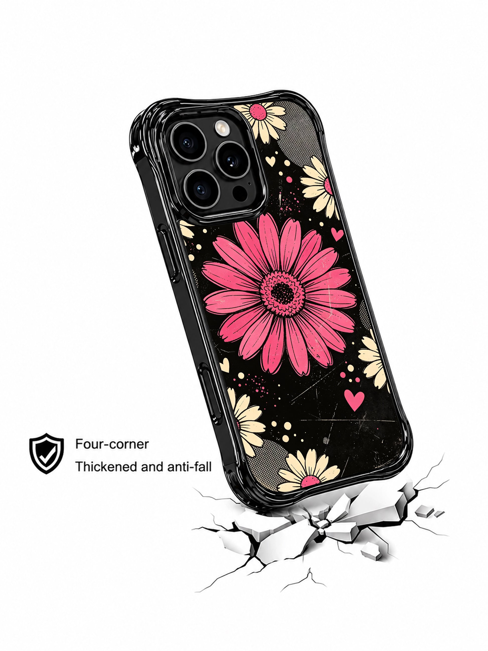 PhoneCasing iPhone 16 pro Case with eye-catching high-saturation raspberry pink spotlight daisy collage heart dot graphics, Ruby Daze sweet romantic pop art, California made wavy black phone cover.