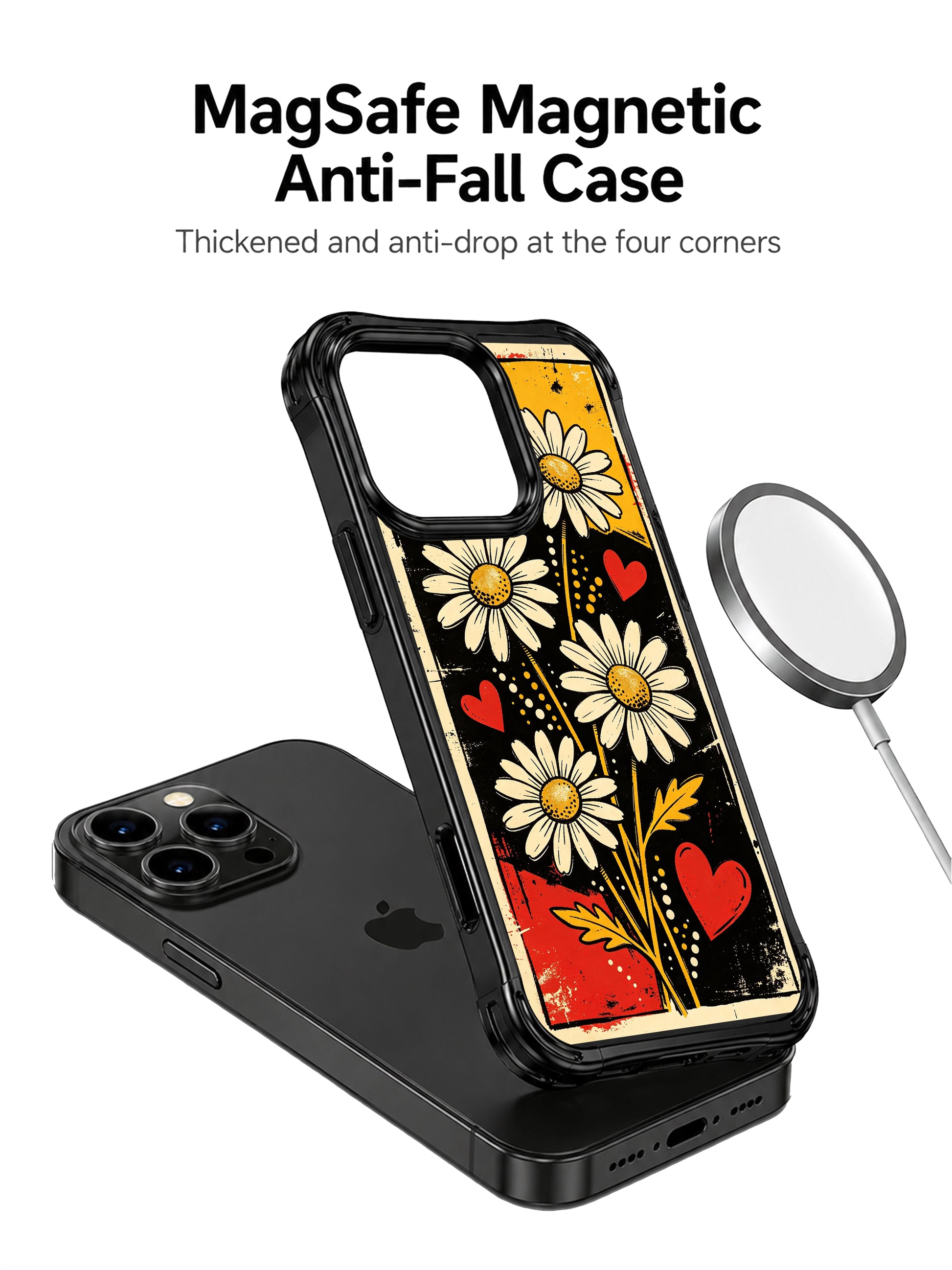 PhoneCasing iPhone 16 pro Case with vivid red heart doodles and multi-toned speckle dot splatters surrounding punk daisy blooms, part of Ruby Daze collection, fade resistant wavy art casing.