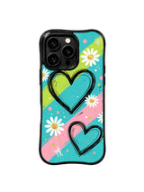 PhoneCasing iPhone 16 pro Case with striking traffic signal diagonal stripe doodle floral layout, Ruby Daze Red Stripe Daisy Signal signature collection, MagSafe wavy black protective art casing.