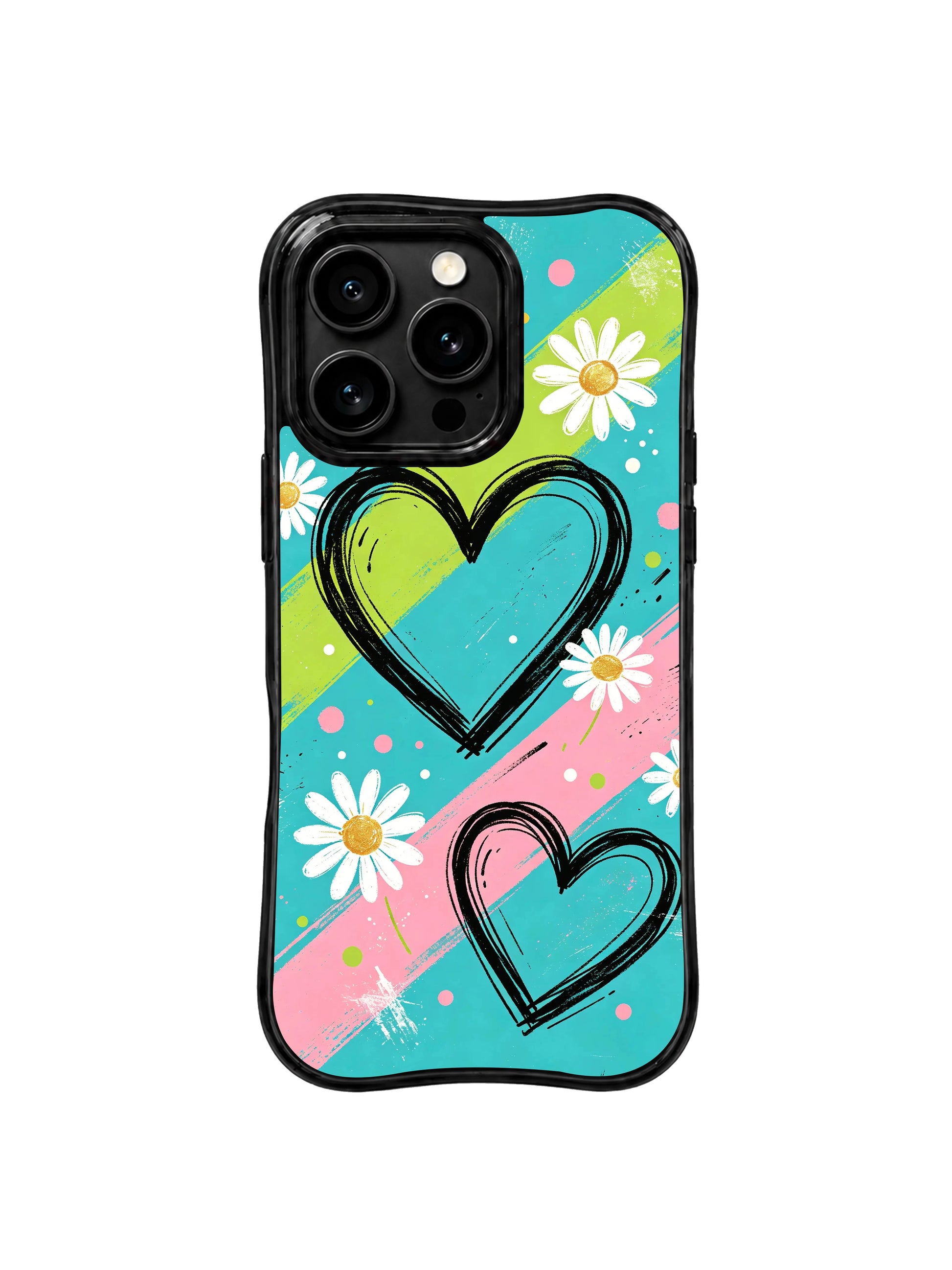 PhoneCasing iPhone 16 pro Case with striking traffic signal diagonal stripe doodle floral layout, Ruby Daze Red Stripe Daisy Signal signature collection, MagSafe wavy black protective art casing.