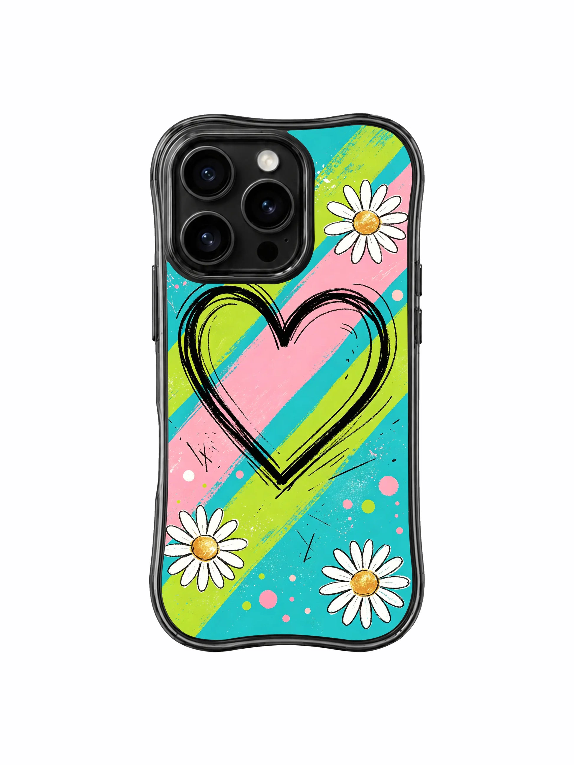PhoneCasing iPhone 16 pro Case with striking traffic signal diagonal stripe doodle floral layout, Ruby Daze Red Stripe Daisy Signal signature collection, MagSafe wavy black protective art casing.