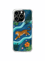 Bold defined spotted orange jaguar against deep blue seaside woodland iPhone 13 pro Case by PhoneCasing, mixed hibiscus & tropical foliage illustrated phone cover, scratch-resistant glossy finish durable casing