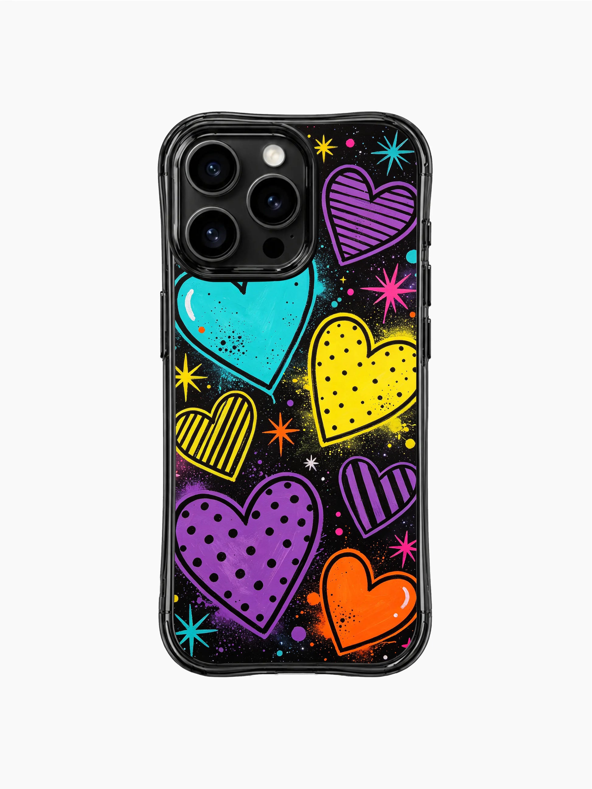 Teen streetwear PhoneCasing iPhone 13 Pro Max case, high contrast Heart Pop Universe floating heart doodle design, large overlapping neon hearts, scattered LOVE text and tiny star accents