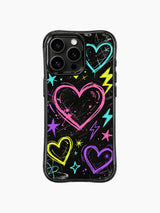 Teen streetwear PhoneCasing iPhone 13 Pro Max case, bold Sweet Rebel Hearts neon sketch design, irregular hand-drawn hearts, lightning and star chaotic details